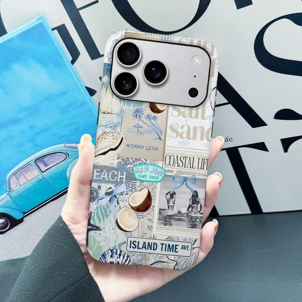 Case Compatible with iPhone 18 Pro/iPhone 17 Pro,Fall Prevention Hybrid 2-Layer Hard Shell Phone Cover for Girls Boys,Beach Coast Collage