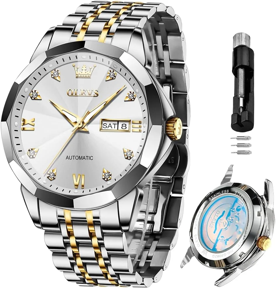 OLEVS Skeleton Men Watches Automatic Business Luxury Diamond Self Winding Watch for Men Stainless Steel Calendar Wrist Watch