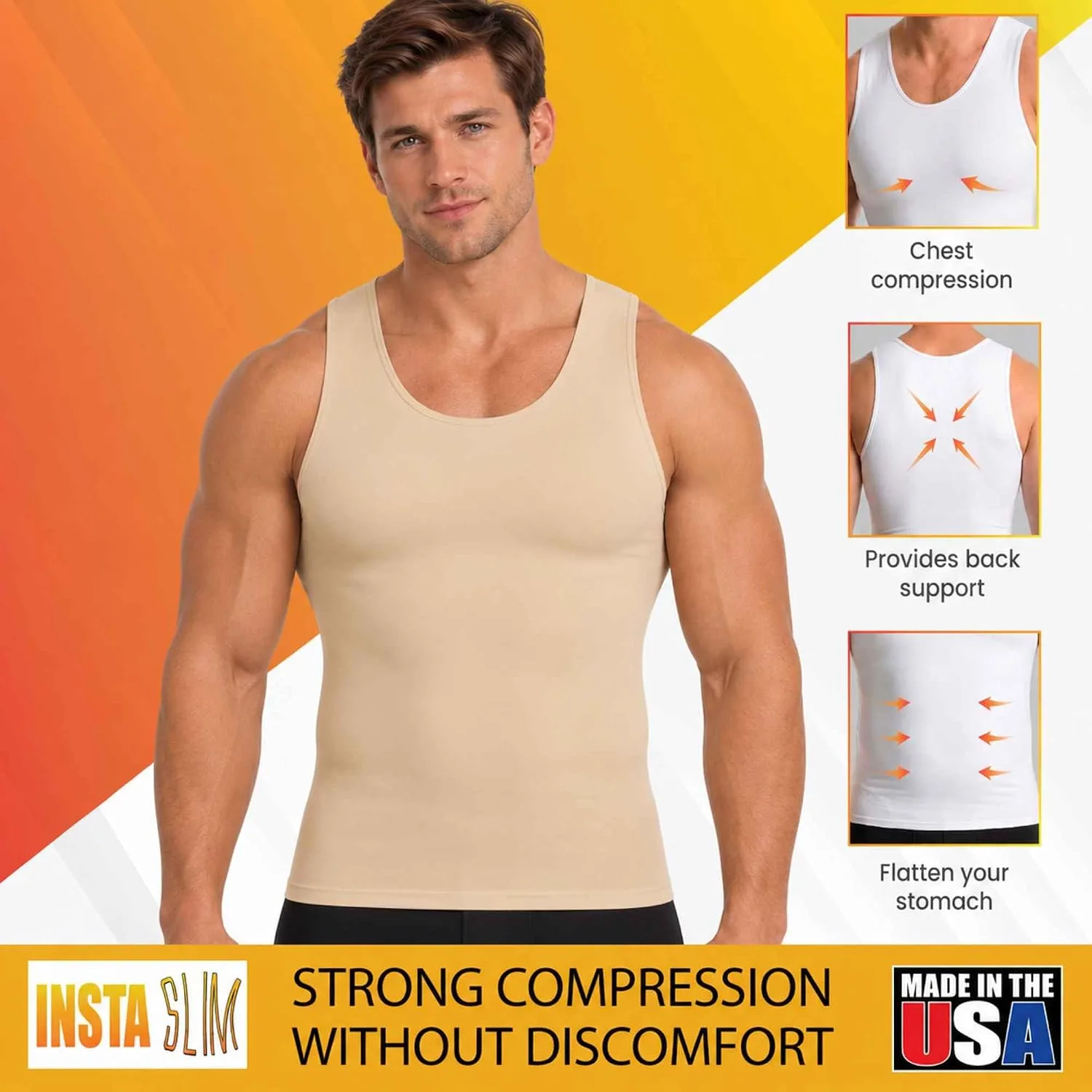 Insta Slim - Made in USA 3 Pack Compression Muscle Tank Body Shapers for Men. Back Support, Slimming Shapewear Undershirt