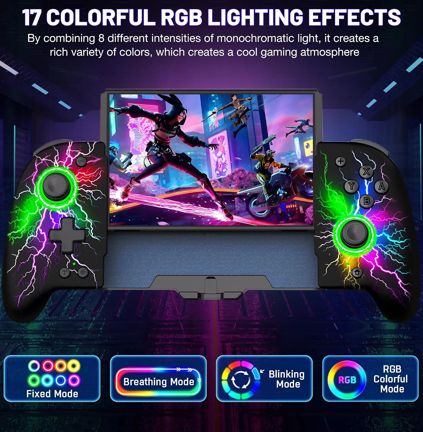 Gammeefy Switch Controller – Hall Effect Joysticks & Enhanced Grip – One Piece Switch Joypad Replacement Switch Pro Controller with 8-Color RGB Lighting, Turbo, Macros - Lightning, 6.2"/7"