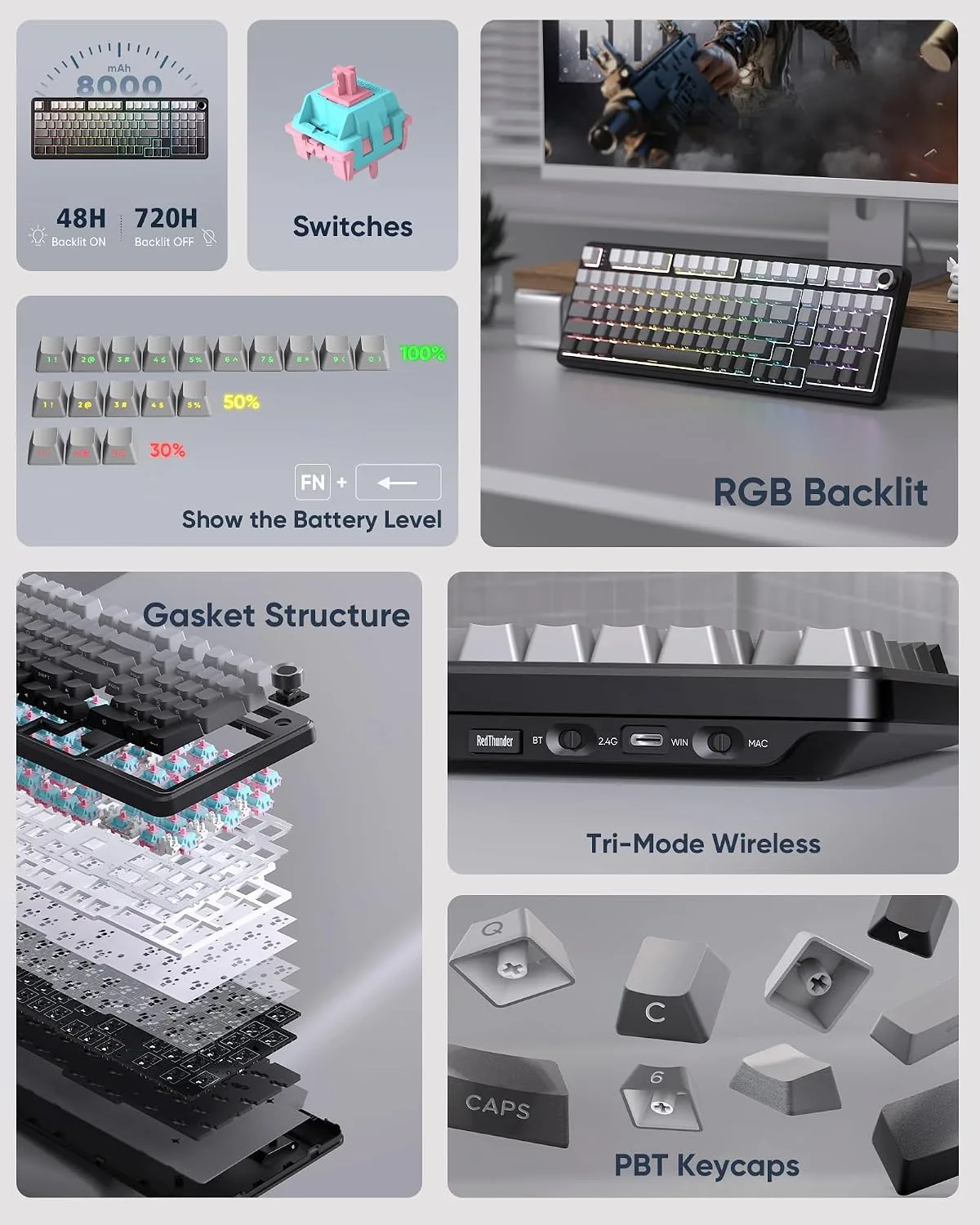 RedThunder K95 S Wireless Mechanical Gaming Keyboard, Hot Swappable Creamy Keyboard with Knob, RGB Backlit, Pre-lubed Linear Switches, Side Engraved PBT Keycaps, Wireless/Wired/BT5.0, Gradient Gray