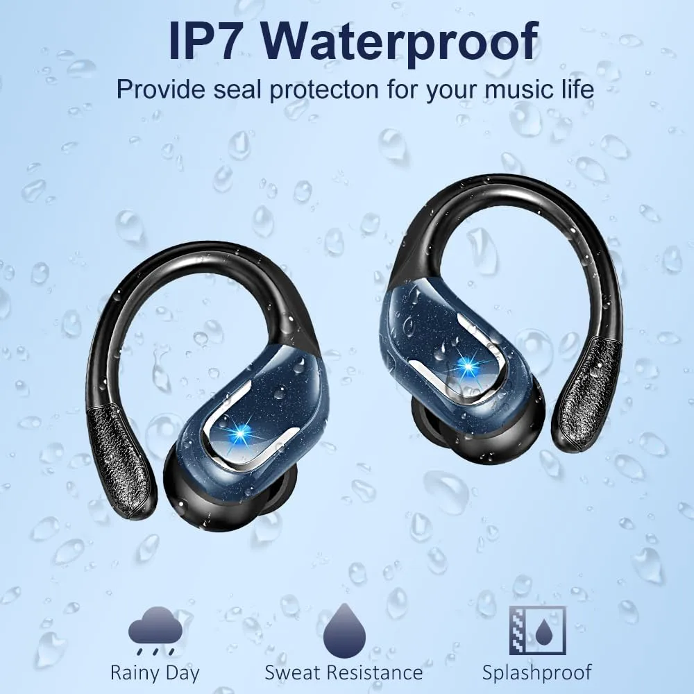 Wireless Earbud, Bluetooth 5.4 Headphones IP7 Waterproof Sport, 75Hrs Running Wireless Earphones with ENC Noise Canceling Mic, Deep Bass Over Ear bud with Earhooks for Android, iOS, Workout, Gym, Blue