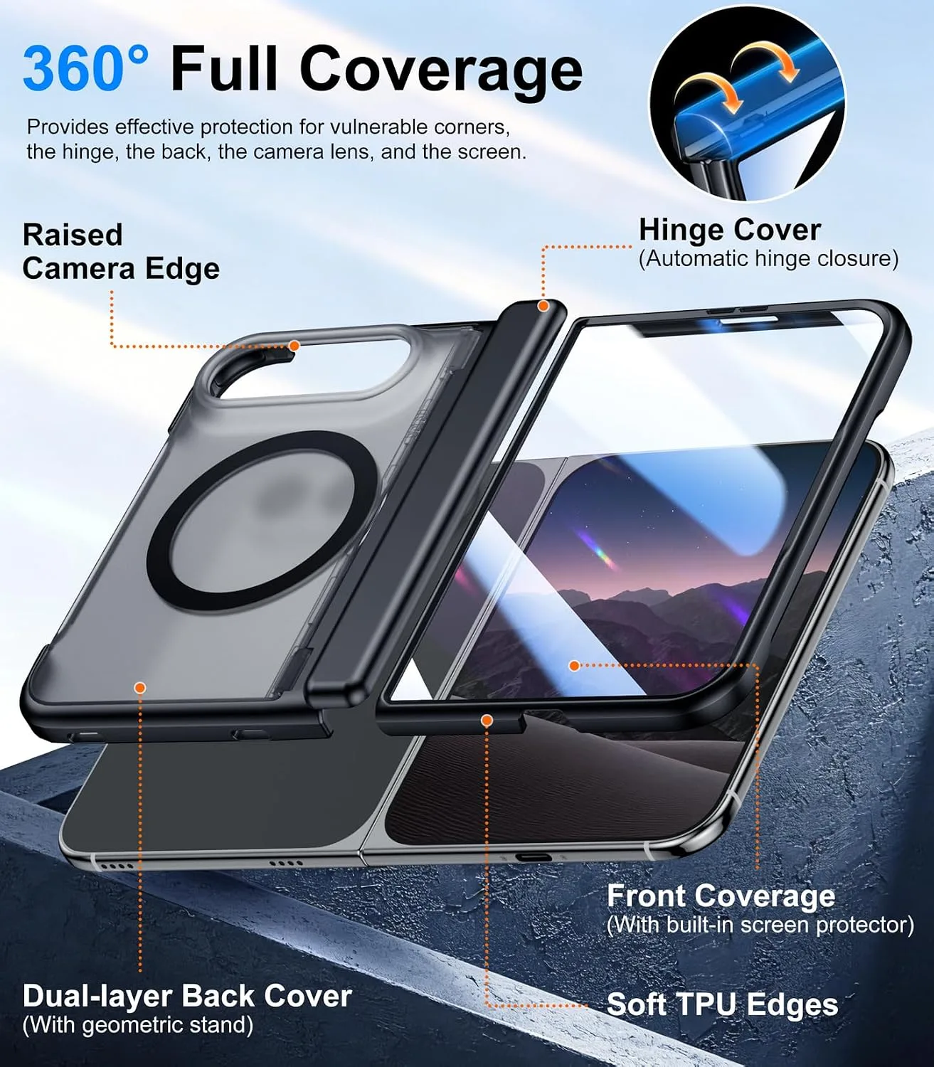 Red2Fire for iPhone Duo Case with Built-in Screen Protector, [Compatible with Magsafe], [Built-in Kickstand & Full Body Hinge Protection] Magnetic Slim iPhone Ultra Fold Case, Black