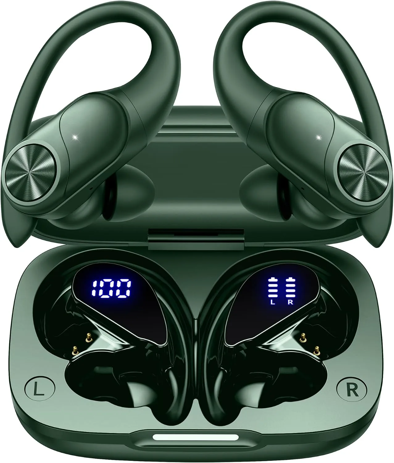 PocBuds Bluetooth Headphones Wireless Earbuds 80hrs Playtime Wireless Charging Case Digital Display Sports Ear Buds with Earhook Deep Bass IPX7 Waterproof Over-Ear Earphones for TV Phone Laptop Olive