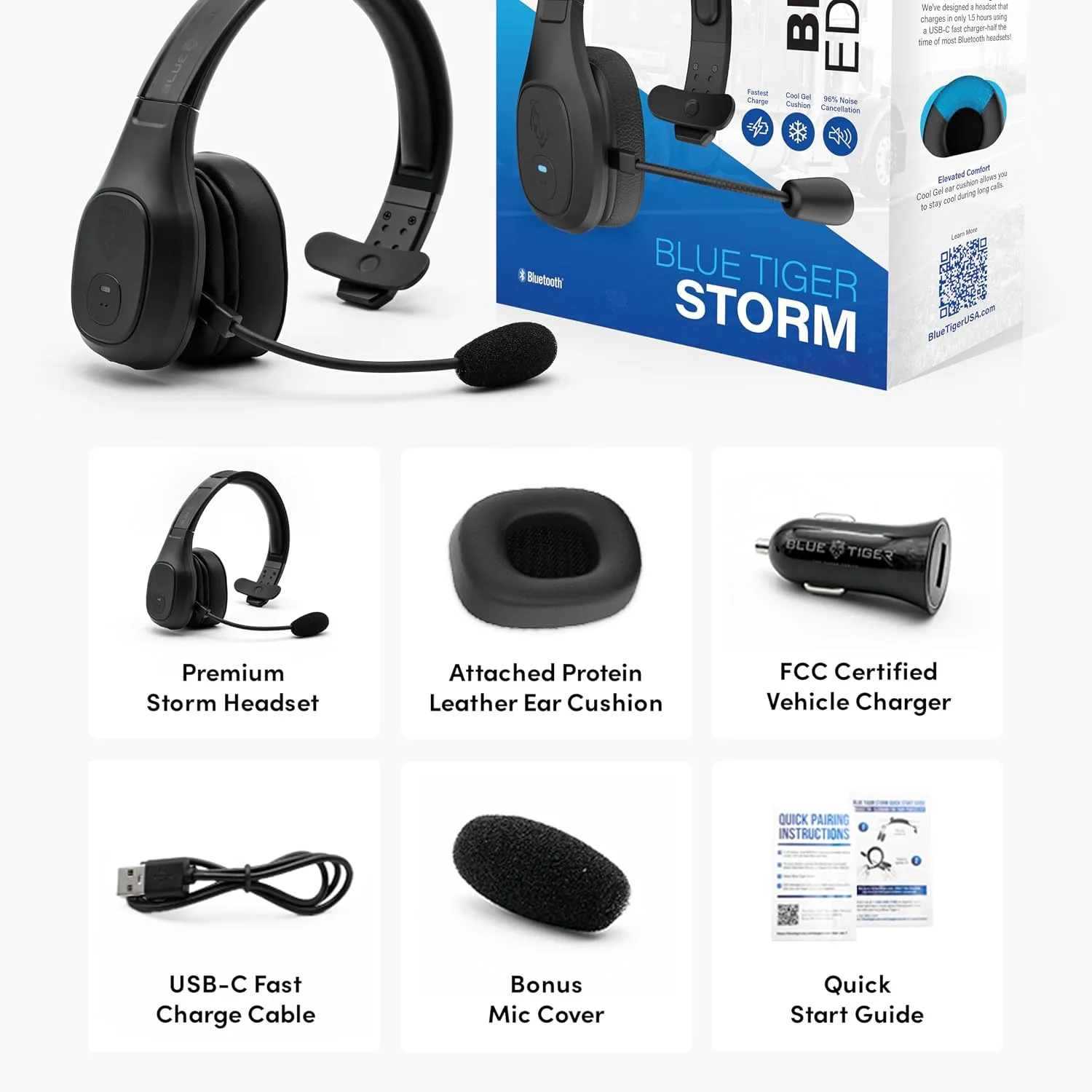 Blue Tiger Storm Black- Wireless Trucker Bluetooth Headset with Mic