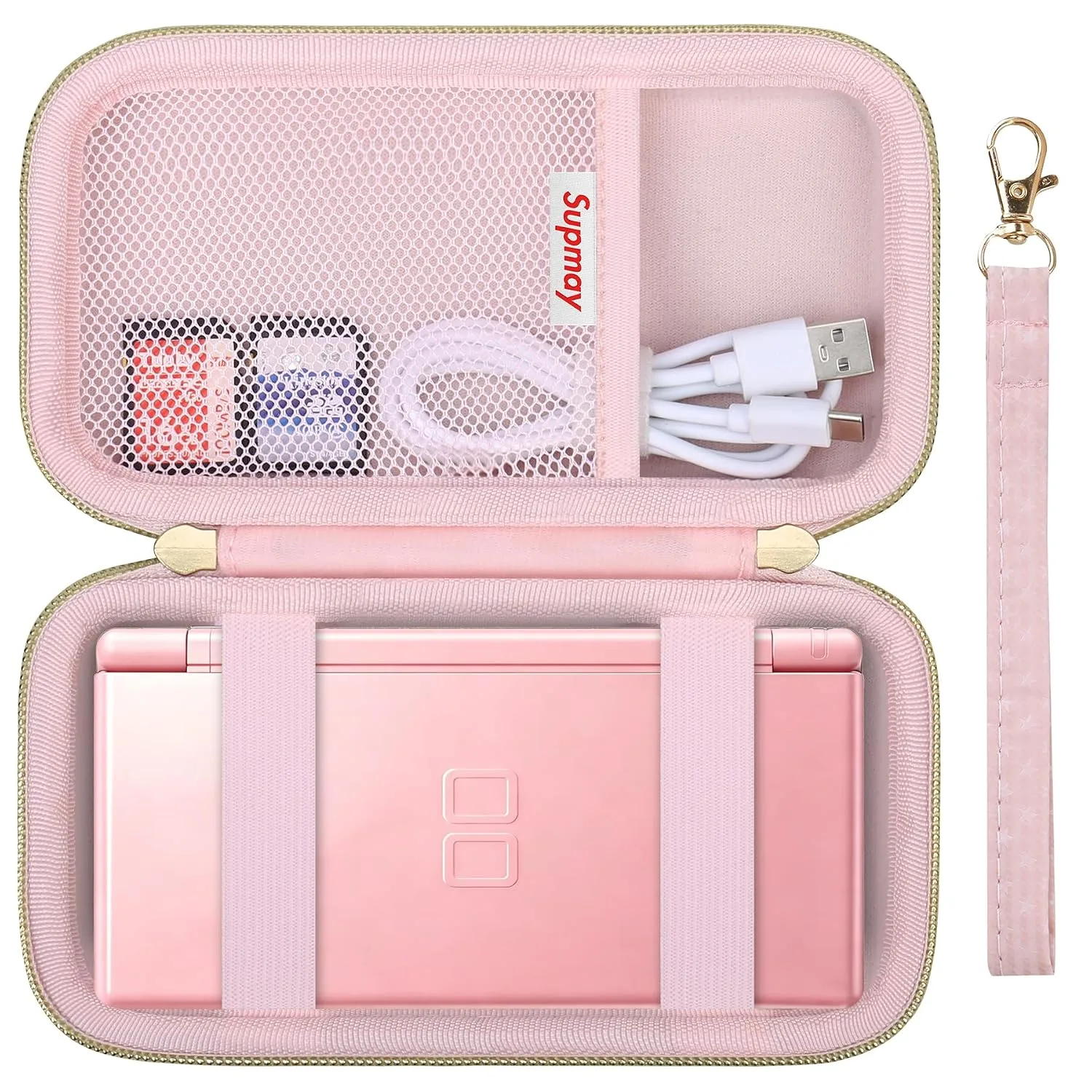 Supmay Hard Carrying Case Compatible with Nintendo DS Lite NDSL, Gameboy Advance Games Storage Holder Travel Bag with Mesh Pocket for USB Charging Cable, Stylus, Earphones, Game Cartridge, Pink