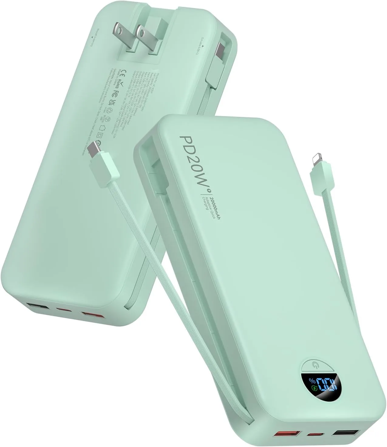 citicr Portable Charger 20000mAh PD20W w/Built-in Cables & Wall Plug Green