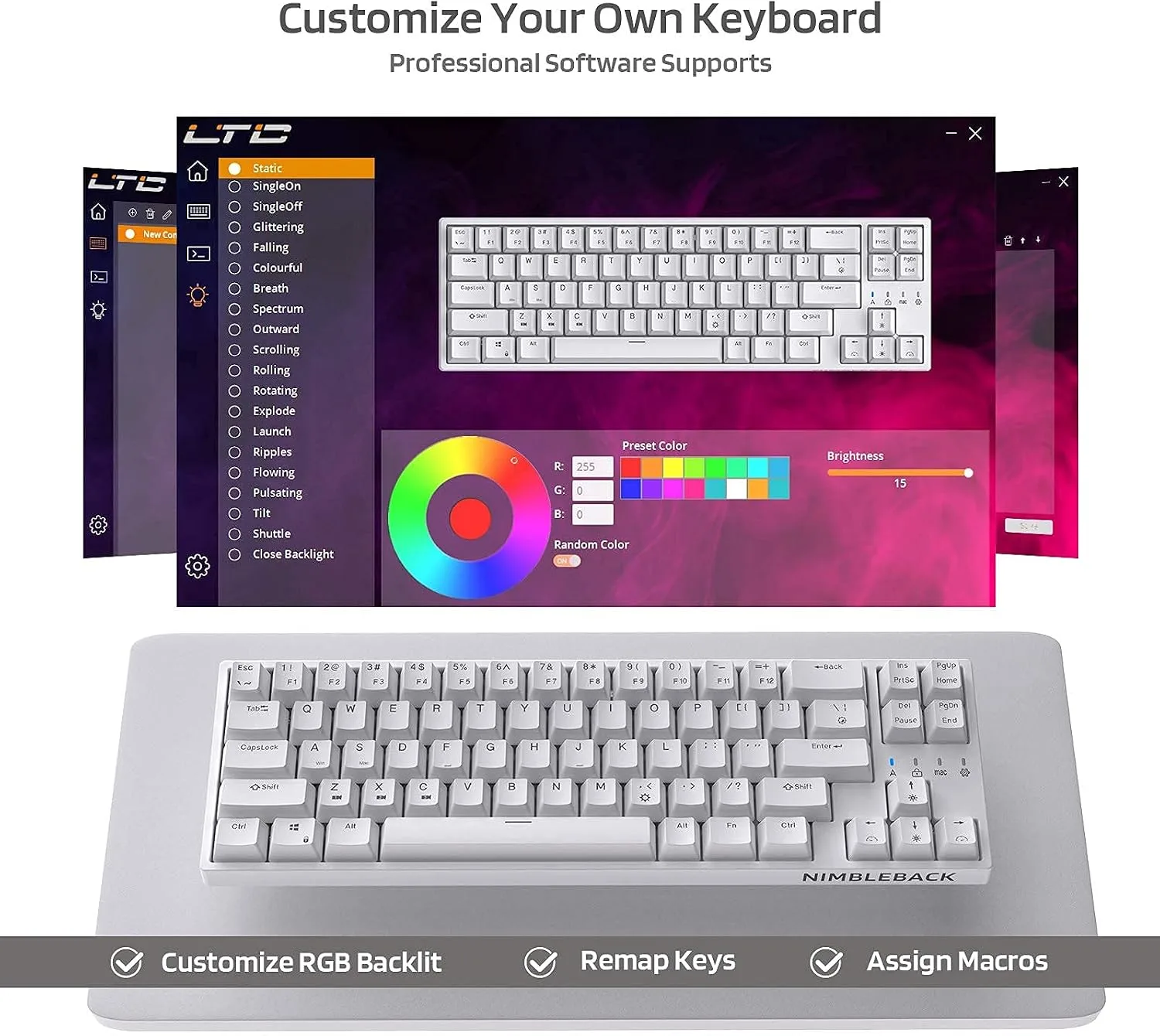 LTC NB681 Nimbleback Wired 65% Mechanical Keyboard, RGB Backlit Ultra-Compact 68 Keys Gaming Keyboard with Hot-Swappable Switch and Stand-Alone Arrow/Control Keys (Hot Swappable Brown Switch, White)