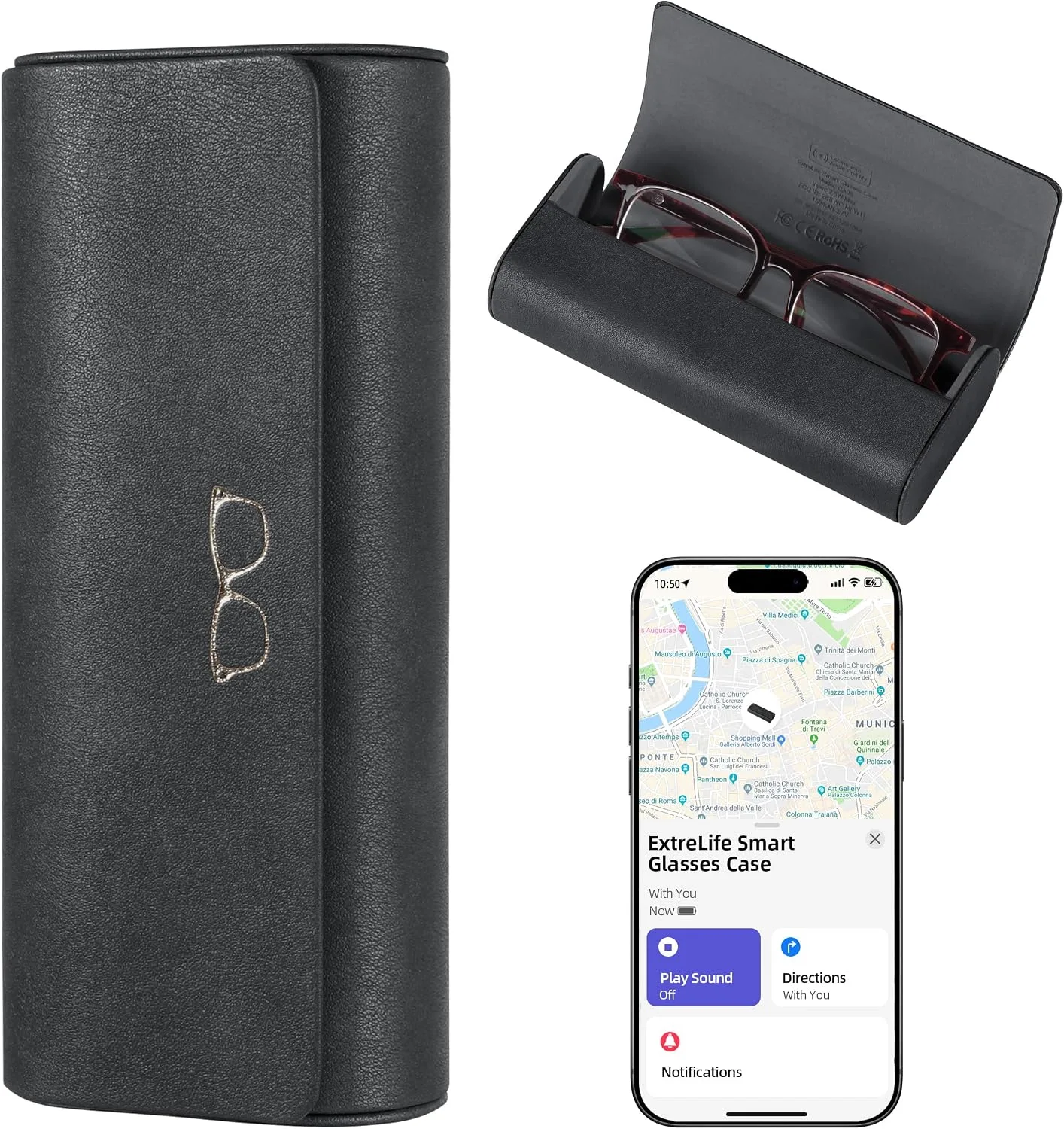 Estuche para lentes Extrelife Smart Glasses compatible con Apple Find My recargable