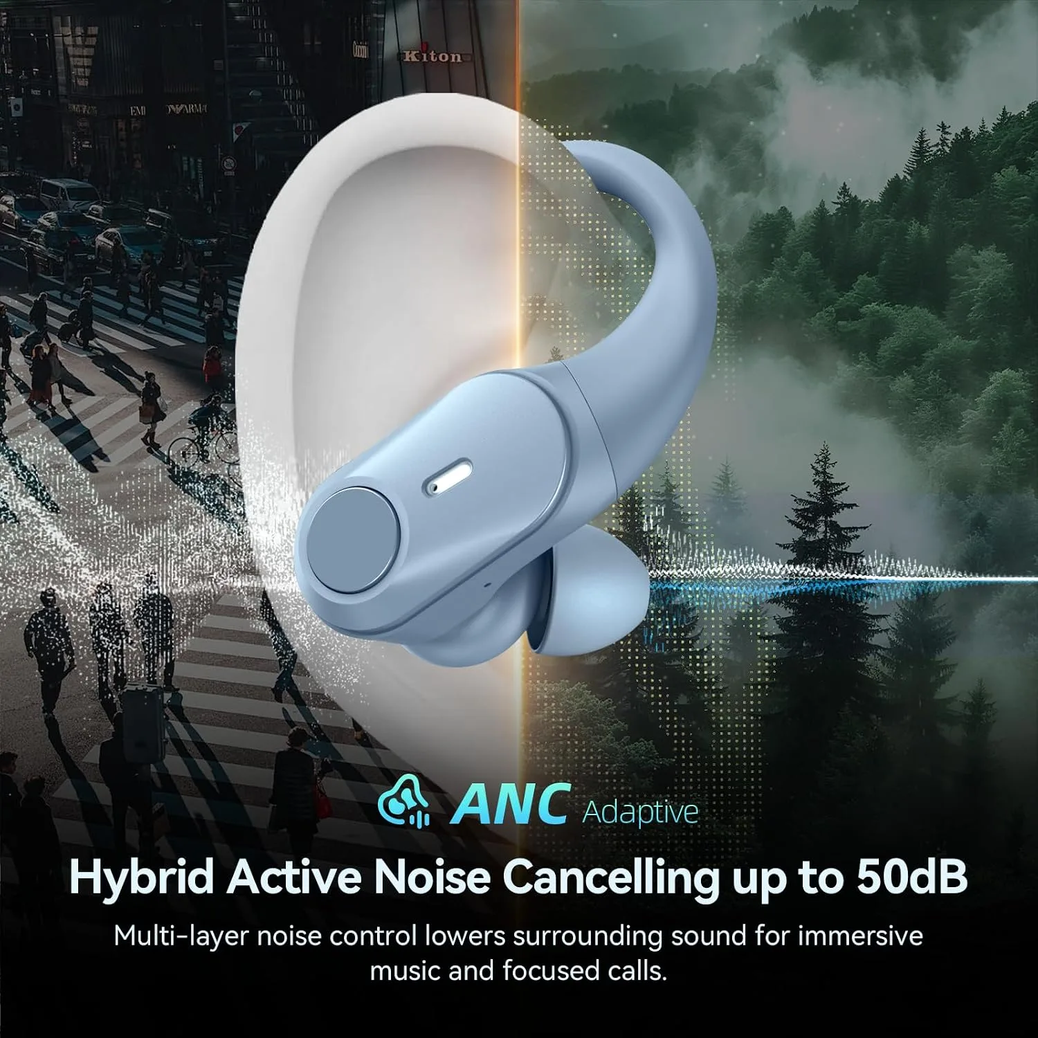 Active Noise Cancelling Ear Buds Wireless Bluetooth Headphones 80H Playtime Display Charging Case 50dB ANC Over Earhooks Earbuds with Hi-Res Sound Clear Calls for Sport Running Gym Workout Sierra Blue
