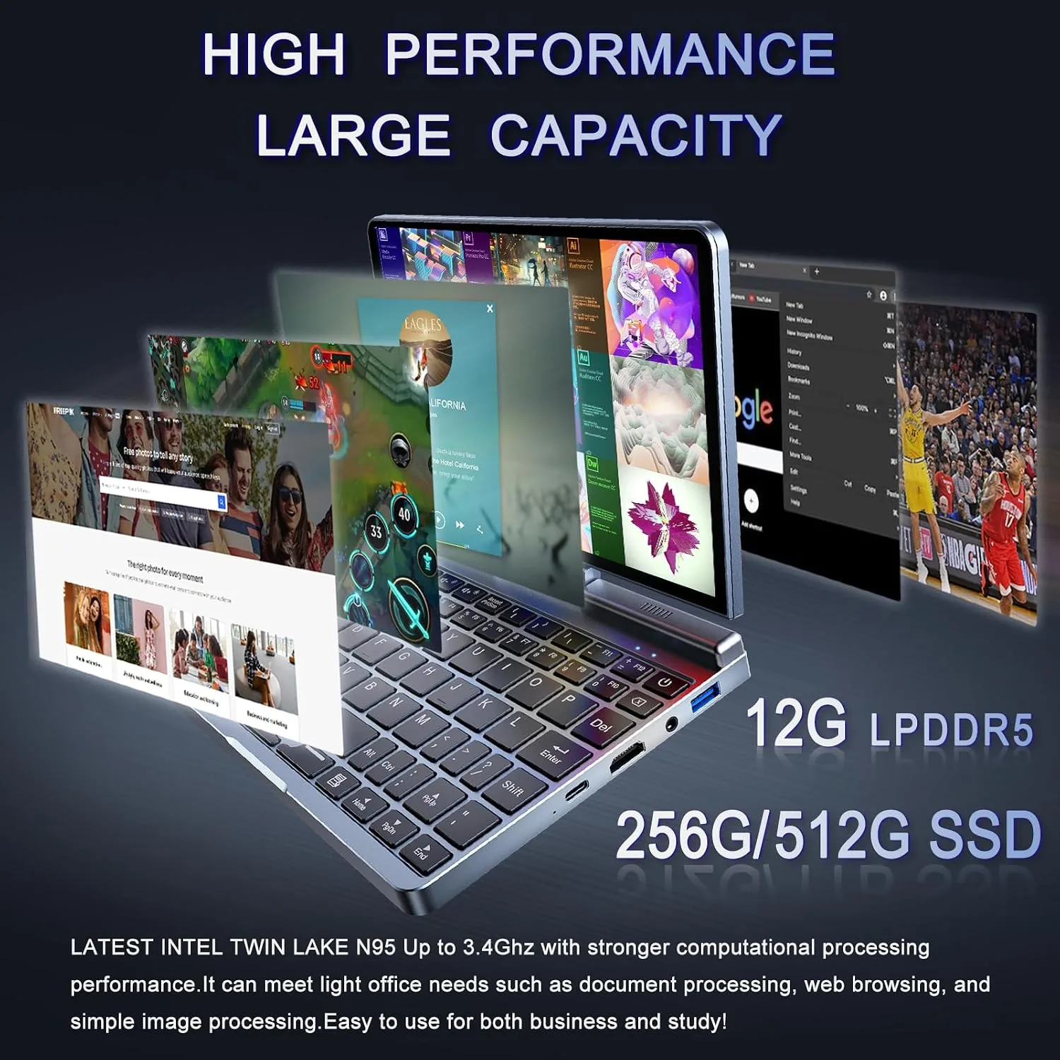 Mini Laptop 8" 2-in-1, Laptop Computer Win 11, Intel N95(up to 3.4GHz), 12GB RAM 512GB SSD, Touchscreen HD, Backlit Keyboard, Wi-Fi 6, USB-C, Lightweight Portable PC for Work/Kids/School