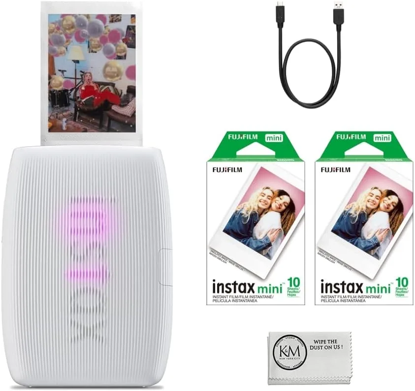 Fujifilm INSTAX Mini Link 3 Smartphone Printer | Clay White Bundled INSTAX Mini Instant Film | 20 Exposures + Microfiber Cleaning Cloth (3 Items)
