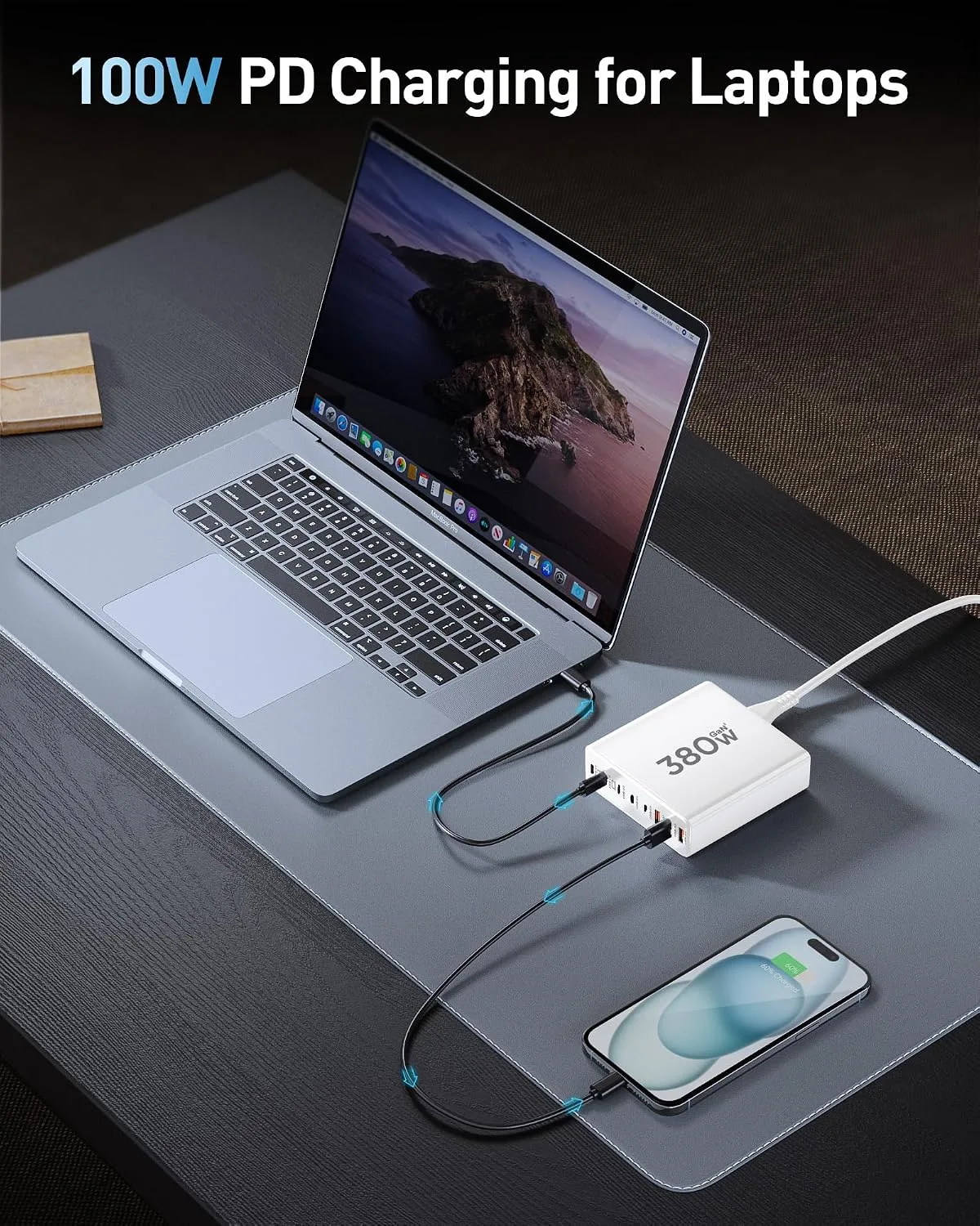 380W USB C Charger Block with 4 USB Cables Dual 100W Charging Station
