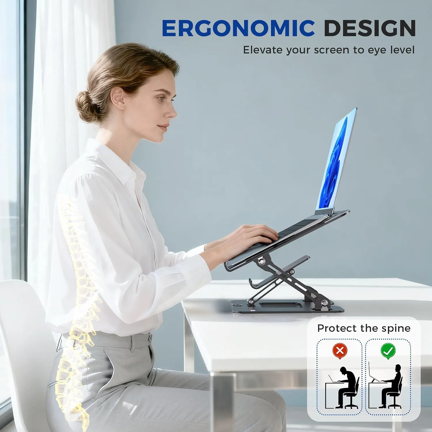 Ergonomic 2-in-1 Laptop Phone Stand for Desk, Adjustable Riser, Sturdy and Portable, Fits All Laptops and Phone（Black）