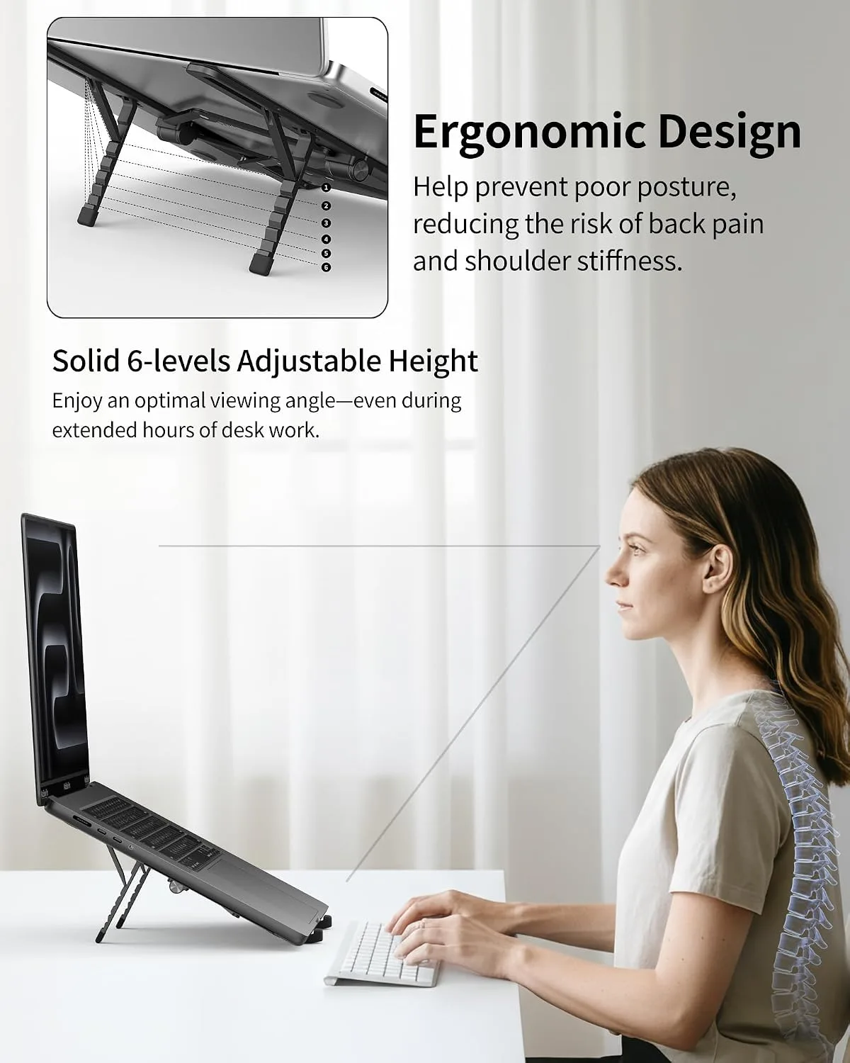 SODI 2025 Foldable Laptop Stand for Desk - Bi-fold Ergonomic Spring Adjustable Computer Holder, 3 in 1 Metal Portable Laptop Stand for Notebook, Phone, Tablet,10-16", Desk & Travel Use