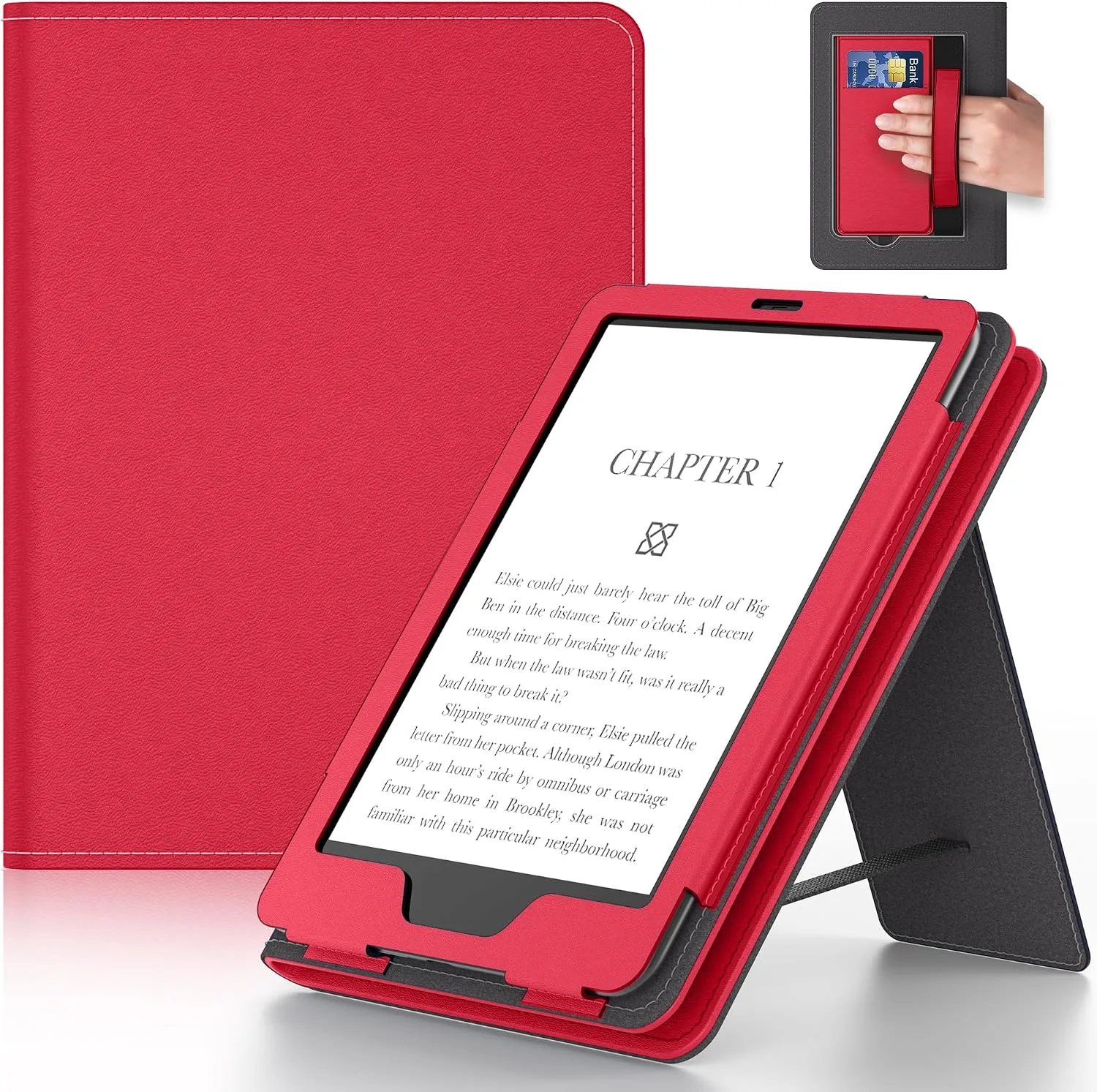 6in Tablet Case with Stand and Hand Strap,Incompatible with Old Version, Durable Synthetic Leather Cover with Auto Sleep Wake, Red