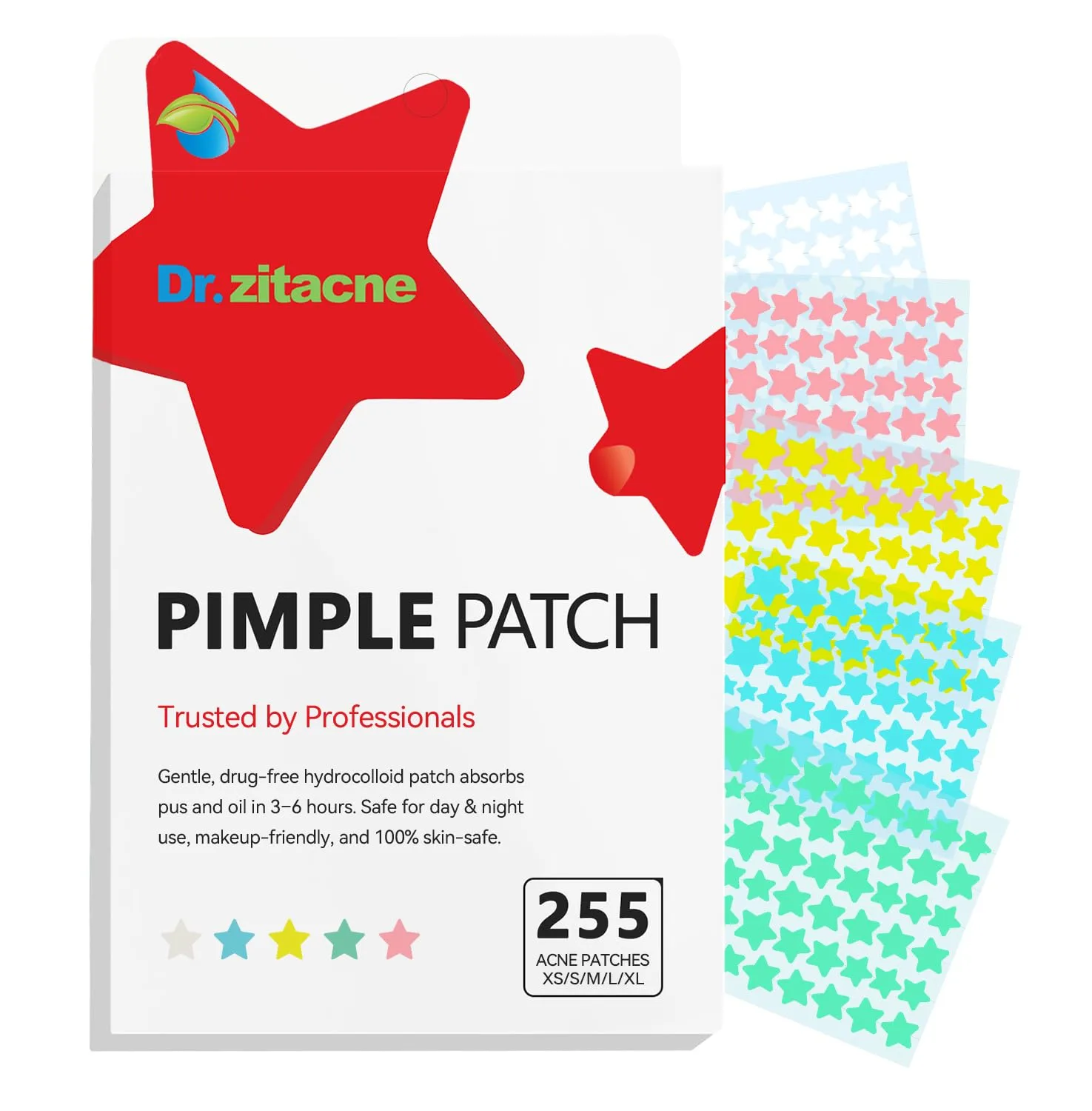 Parche para granos Dr. Zitacne Star Hydrocolloid 255 unidades 5 colores y 5 tamaños