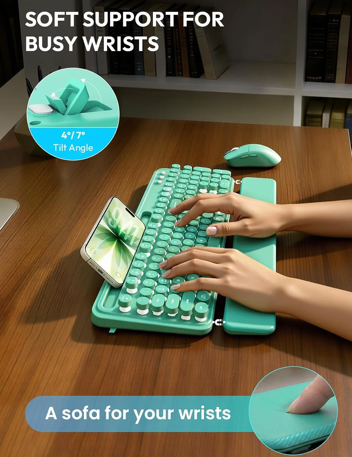 Wireless Keyboard and Mouse, Backlit Typewriter with Magnetic Wrist Rest