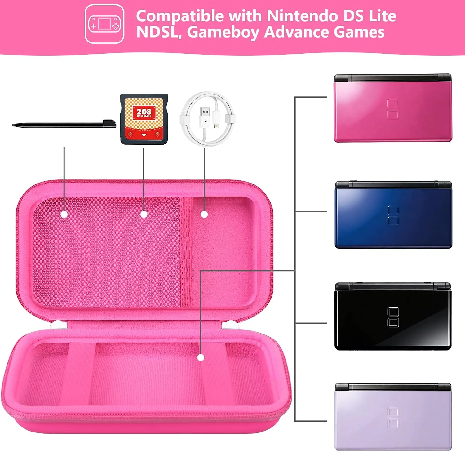 Supmay Carrying Case for GAMPLAE Handheld Game for Kids, 258 Retro Video Games Portable Gaming Player Storage Holder Travel Bag with Mesh Pocket for 3 Game Cards, Earphone,USB Cable, RoseRed