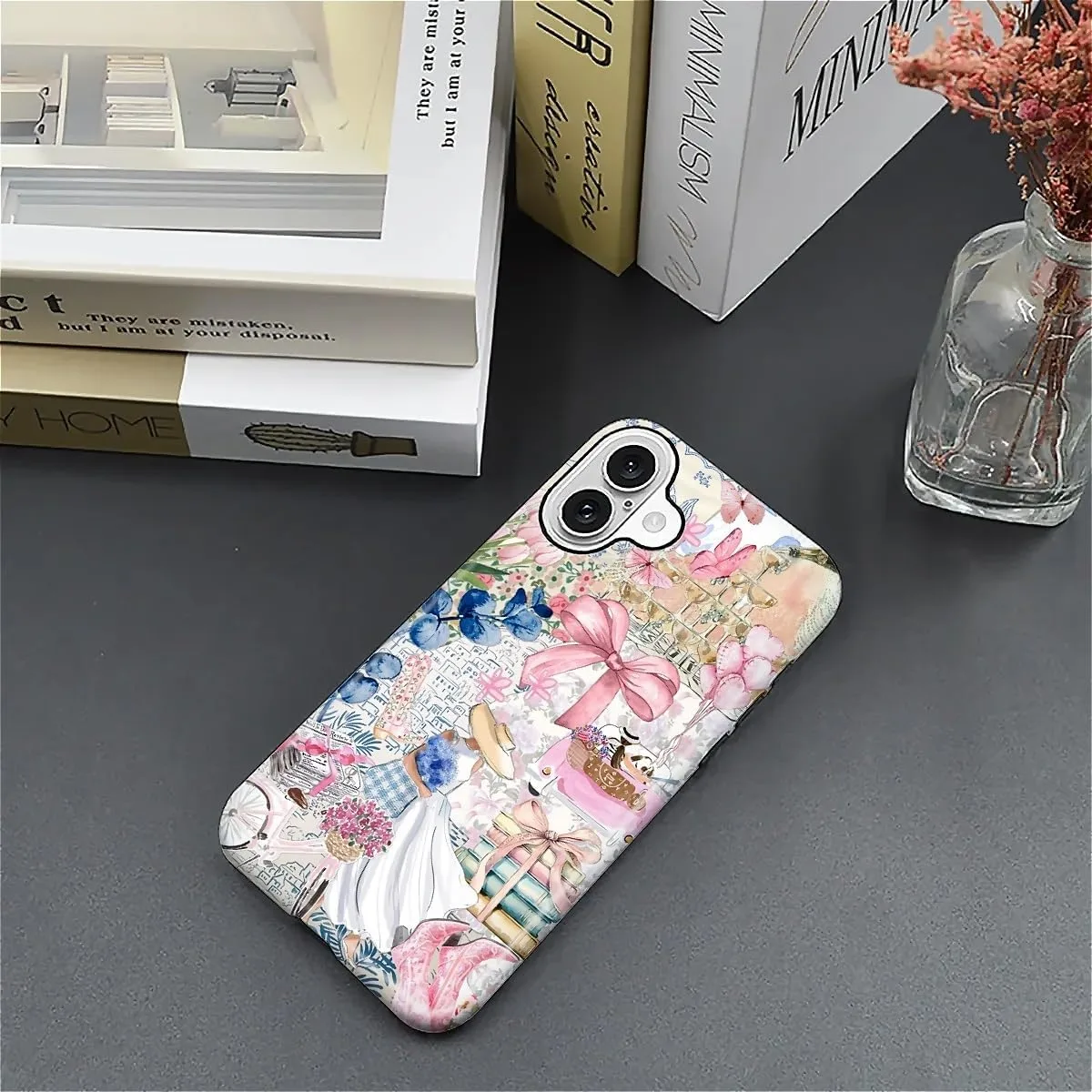DAIZAG Case for iPhone 16,Mixed 2 Layer Design Shockproof Soft TPU Ddouble Protection Phone Case for iPhone 16-Magazine Books Flower Bow Collage