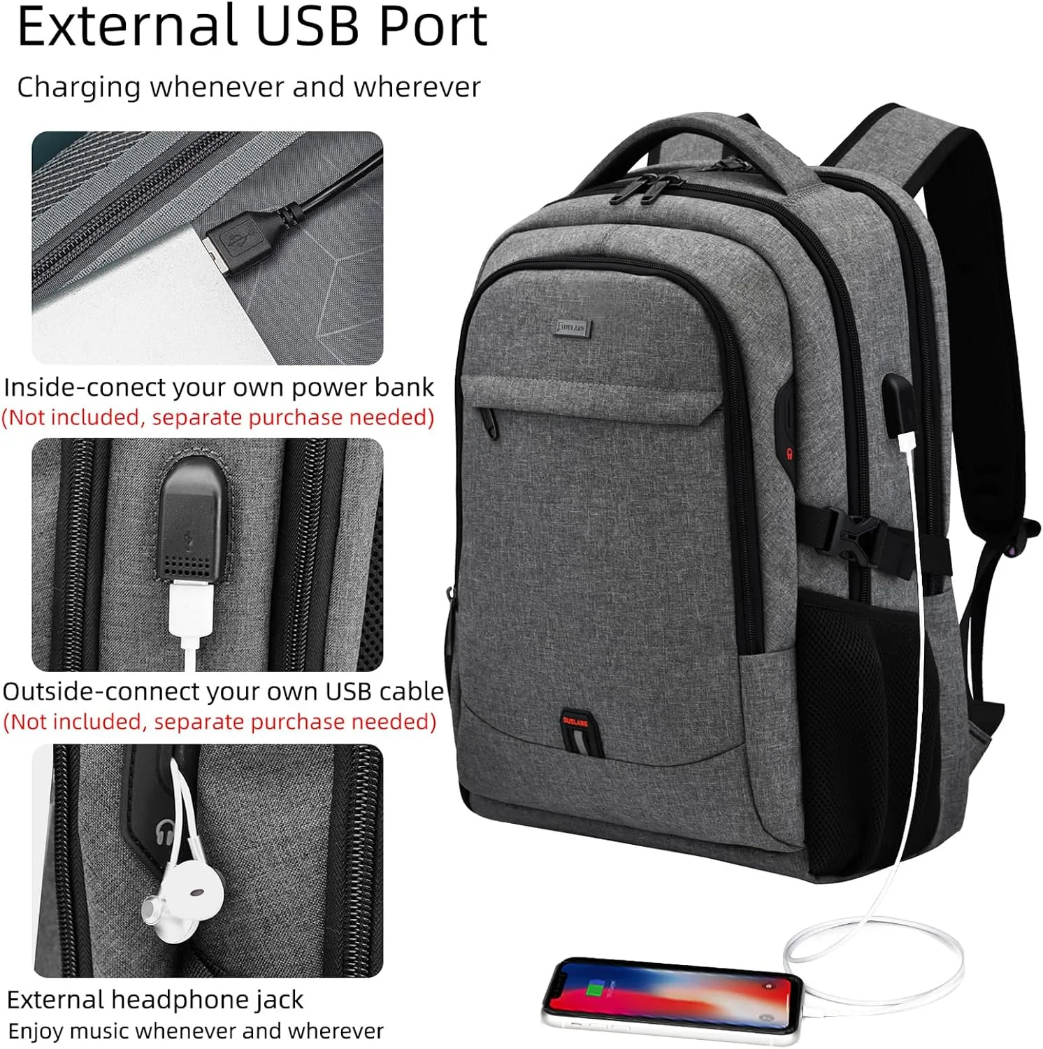 DUSLANG 17 Inch Laptop Backpack for Travel Water Resistant College Backpack for Men/Women Laptop Bag with USB Charging Port and Rain Cover,light grey