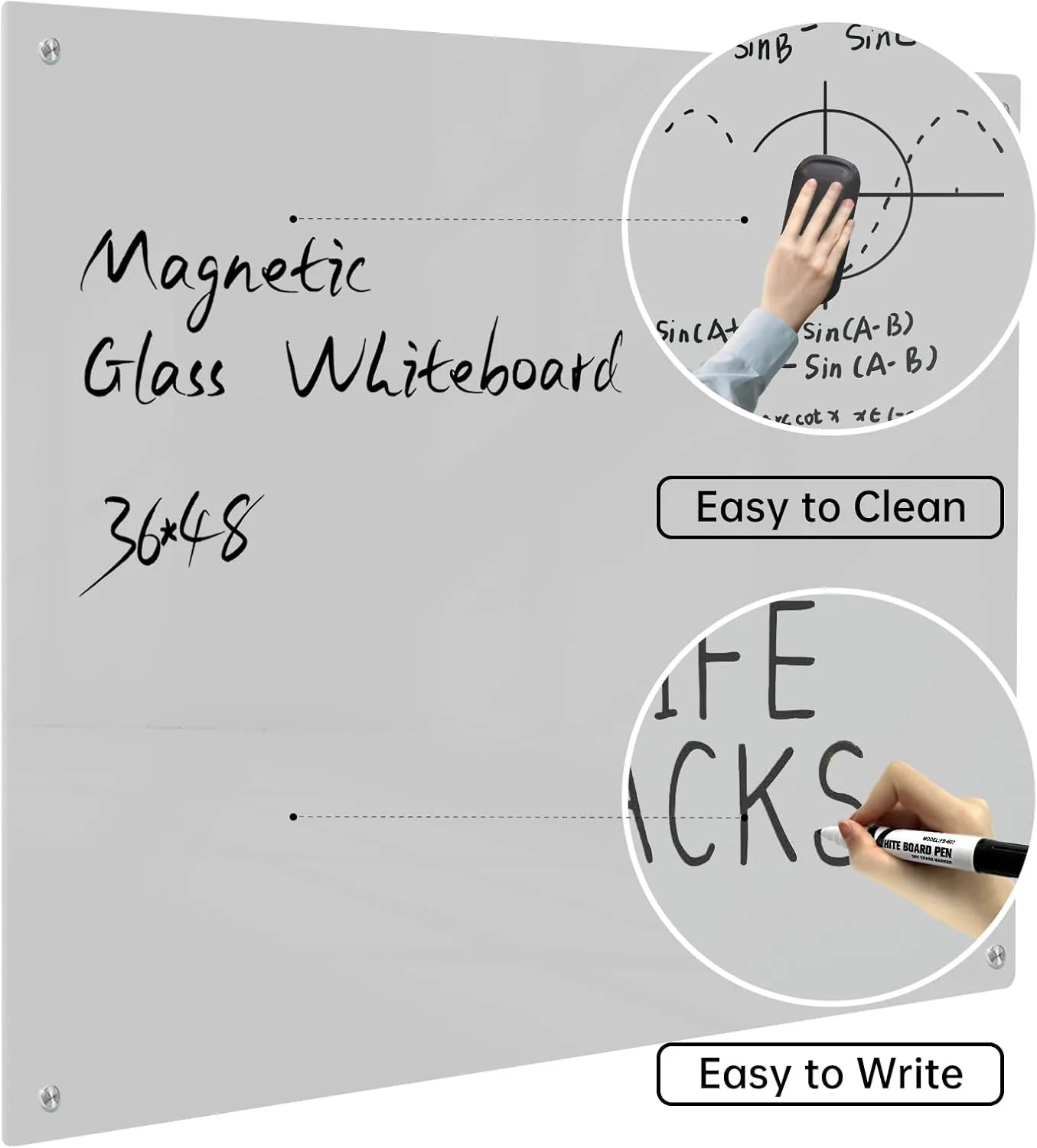 Magnetic Glass Dry Erase Board - White Board 48 x 36 Inch Wall Mounted Glass Whiteboard, Large Frameless Glass White Board for Wall Office, Home & School, Gray
