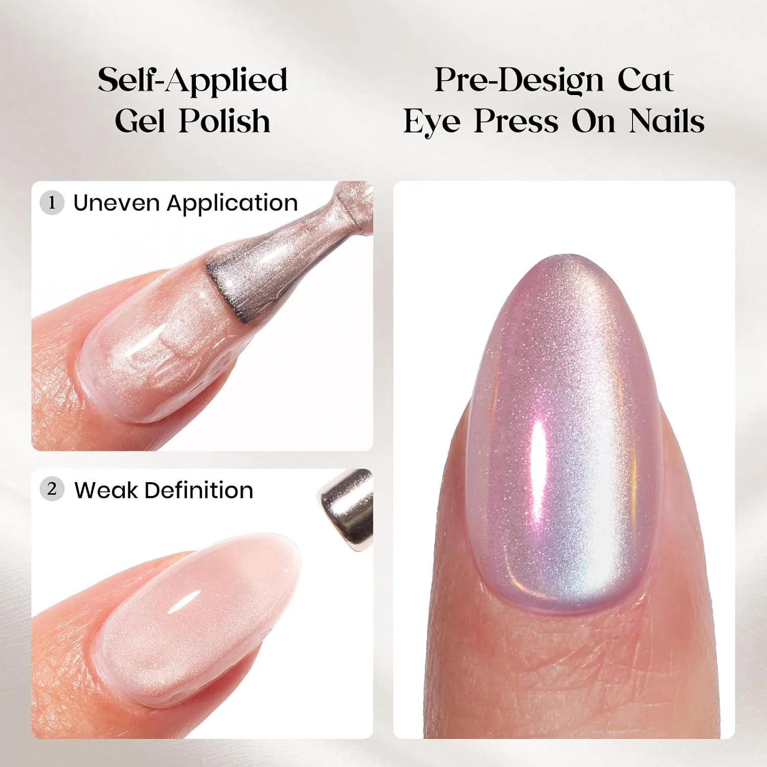 Beetles Chrome Press On Nails, Purple Cat Eye, Short Almond, 32 PCS