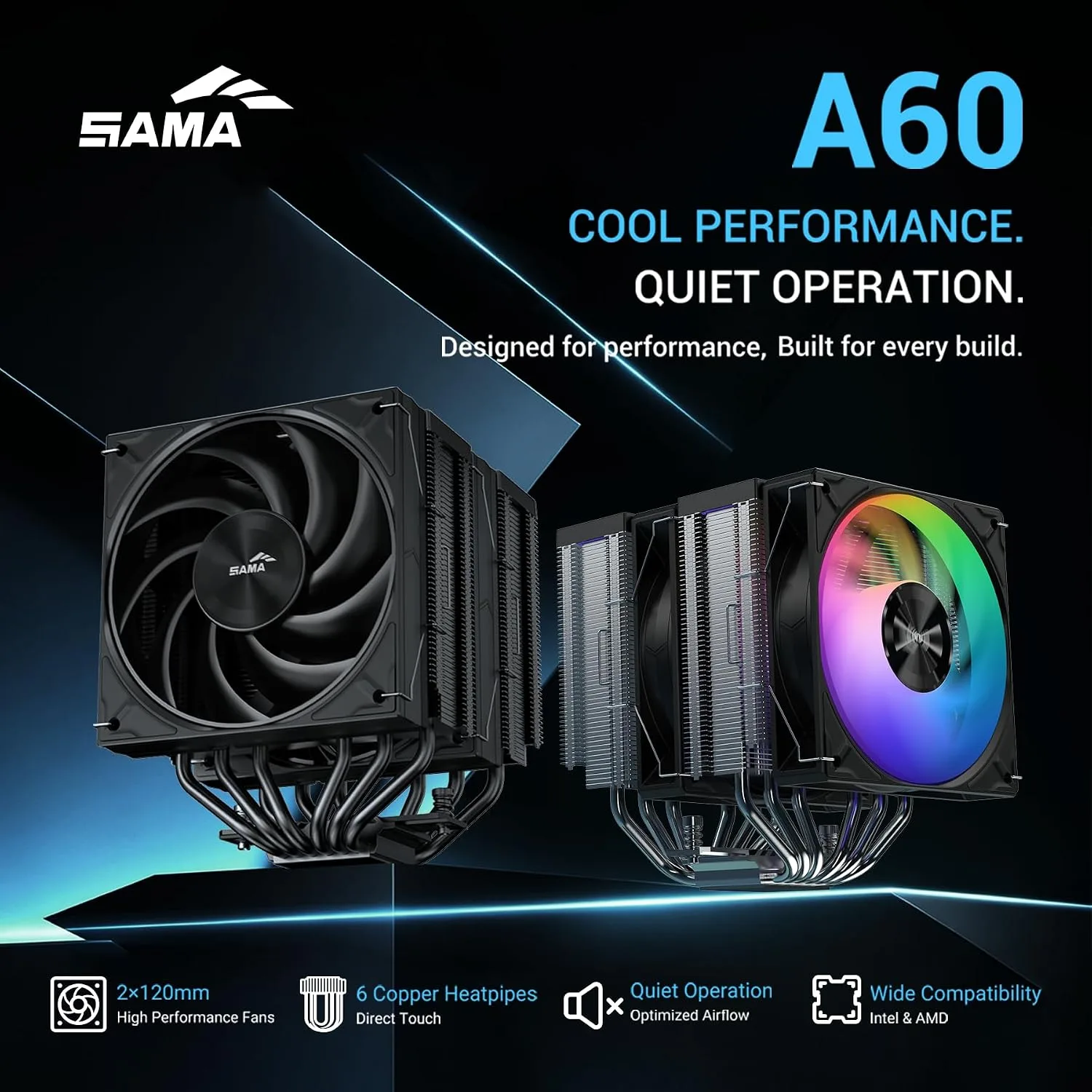 SAMA A60B Dual Tower CPU Air Cooler, 265W TDP, 6 Heat Pipes PC Cooler Black