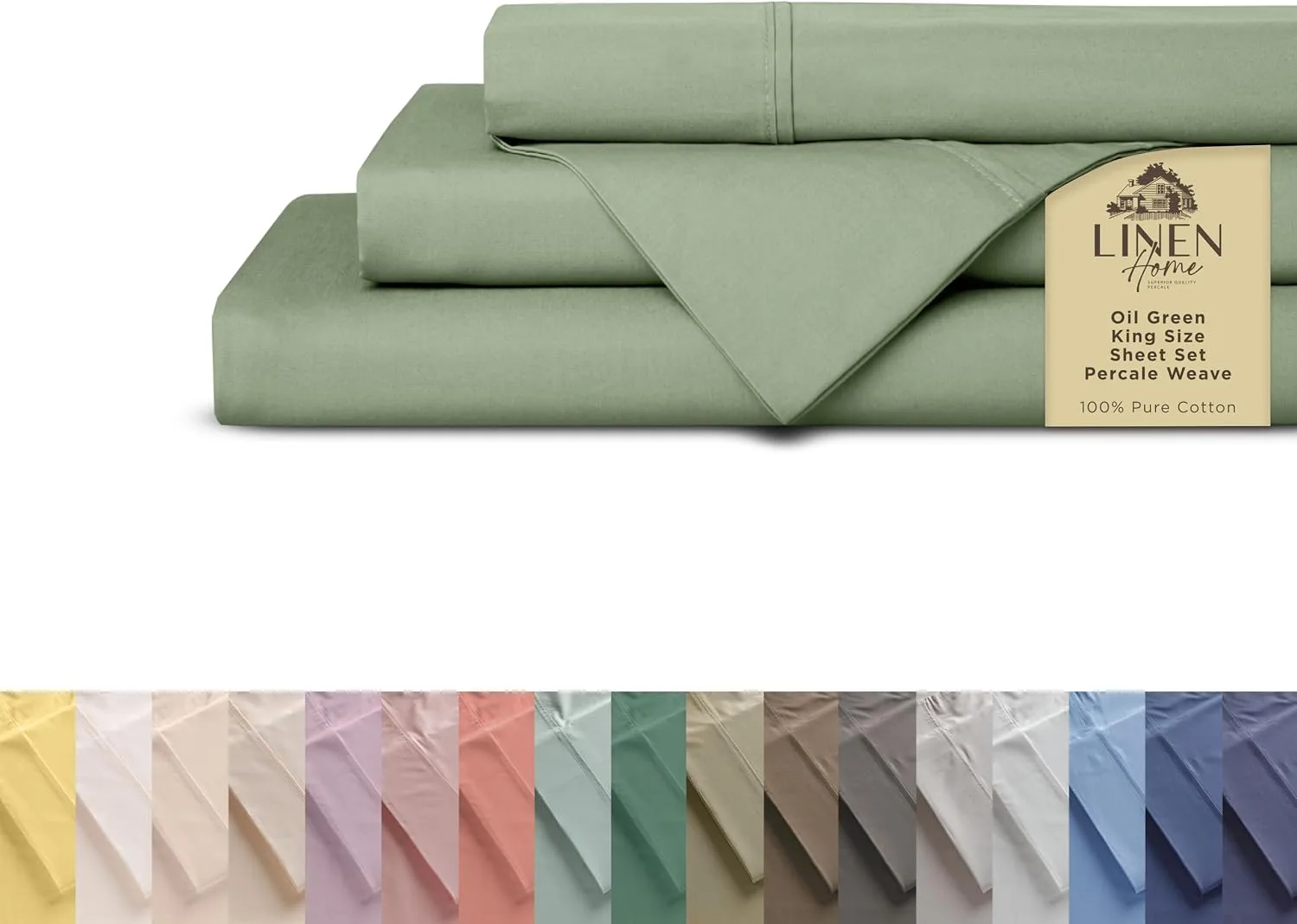 Linen Home 100% Cotton Percale King Sheets, 4 Pc Cooling Set - Oil Green