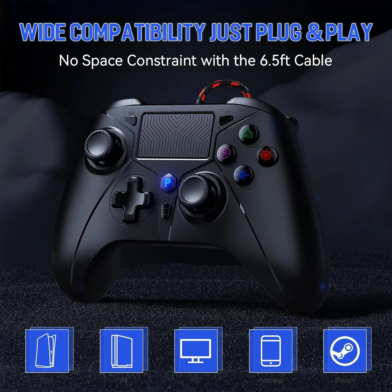 Gamrombo Wired Controller for PS5 Controller, Gaming Controllers for PlayStation 5 / PS5, PS4, PC, Support Turbo, Marco, 3.5mm Audio Jack - Black