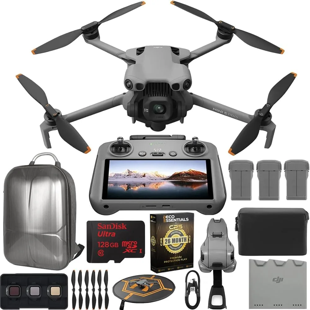 DJI Mini 5 Pro Drone Fly More Combo Plus with RC 2, 1" CMOS Sensor, 4K Video, Omnidirectional Obstacle Sensing, 3 Battery Bundle with Deco Gear CPS Exclusive 26Month Protection Pack & Accessories Kit