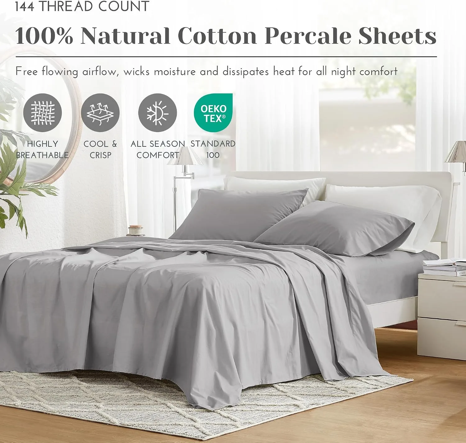 Comfort Spaces 100% Cotton Percale Sheets Queen Sheet Set 4 Piece, Grey