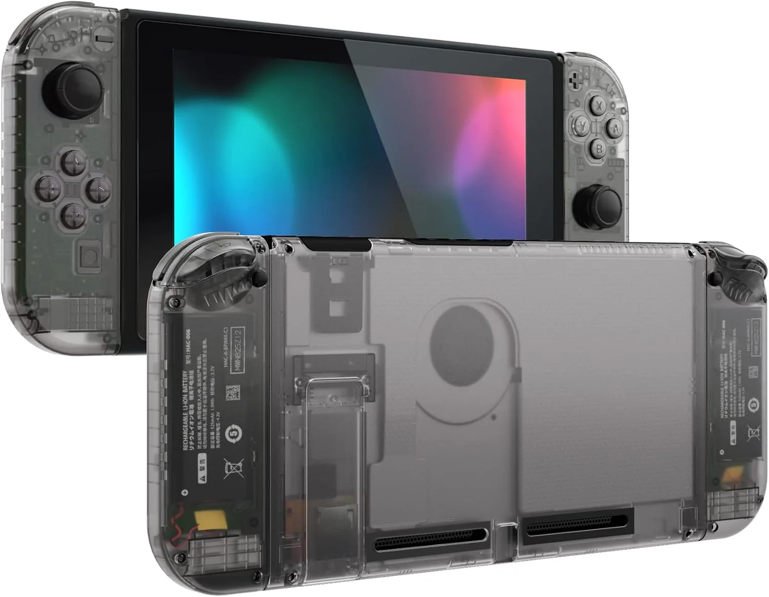 eXtremeRate DIY Replacement Shell Buttons for Nintendo Switch, Back Plate for Switch Console, Housing with Full Set Buttons for Joycon Handheld Controller - Clear Black [No Electronics Parts]