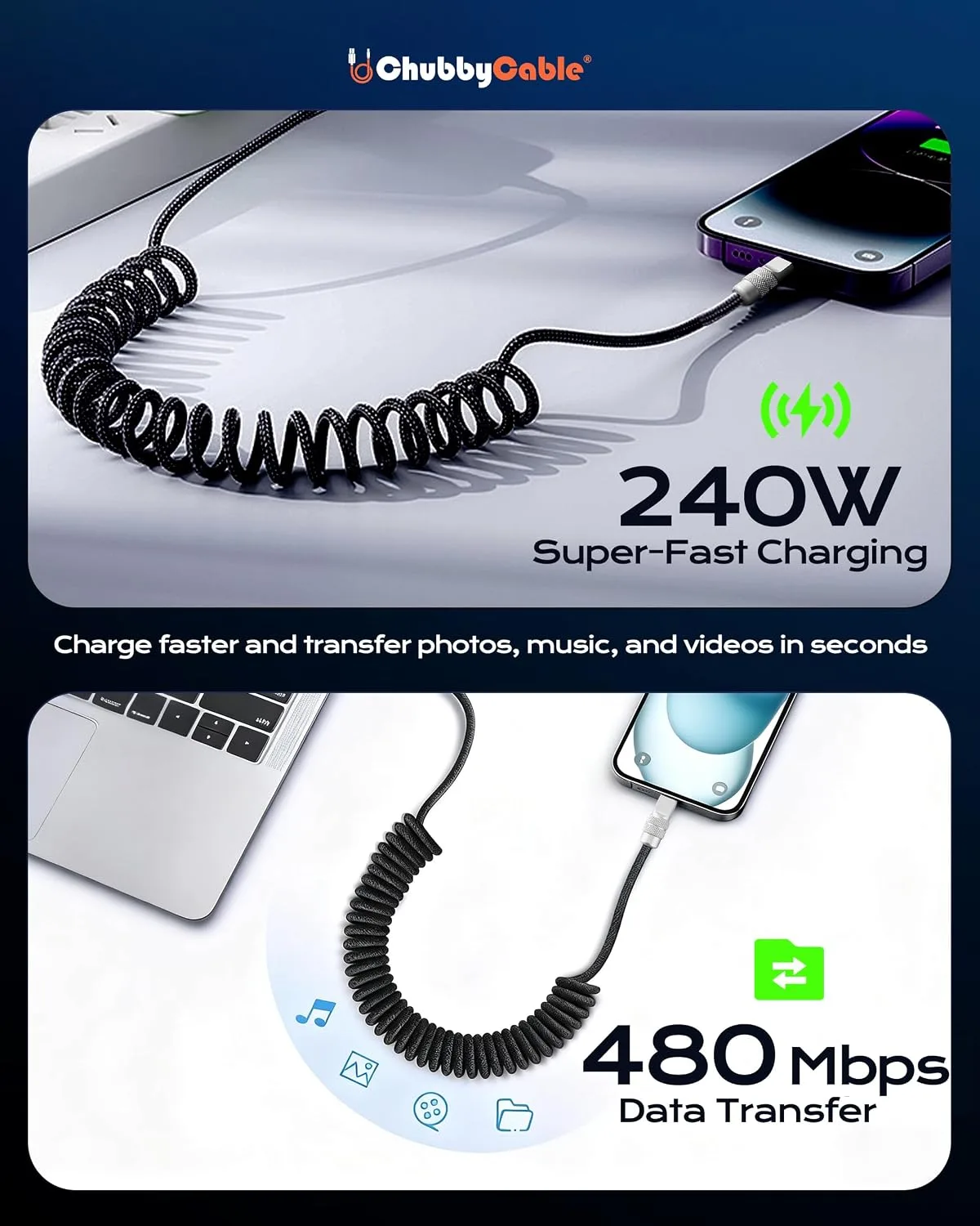 chubbycable USB C to C 240W Braided Coiled Charging Cable, Green, 6FT