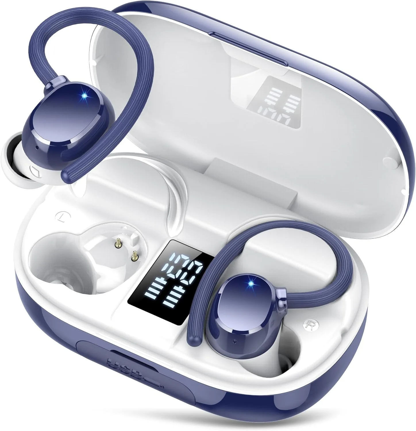 hadbleng Ear Buds Wireless Earbuds Bluetooth Headphones with 128H Playtime LED Digital Display Charging Case, Over-Ear Hook with Mic, Stereo Sound, IPX7 Waterproof Earphones for Workout/Running