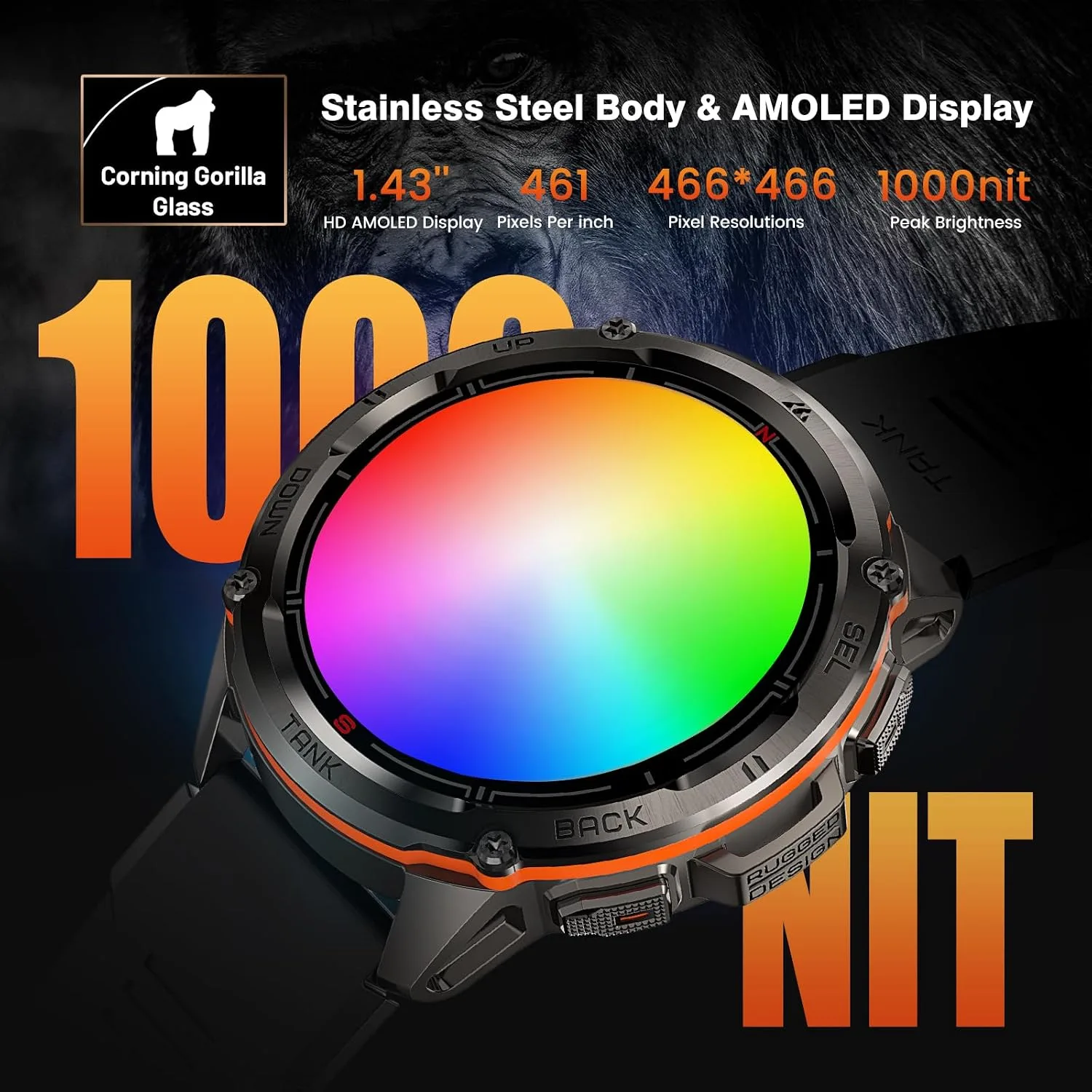 AMAZTIM T3 Ultra Smart Watches for Men, GPS, Rugged, Stainless Steel Body