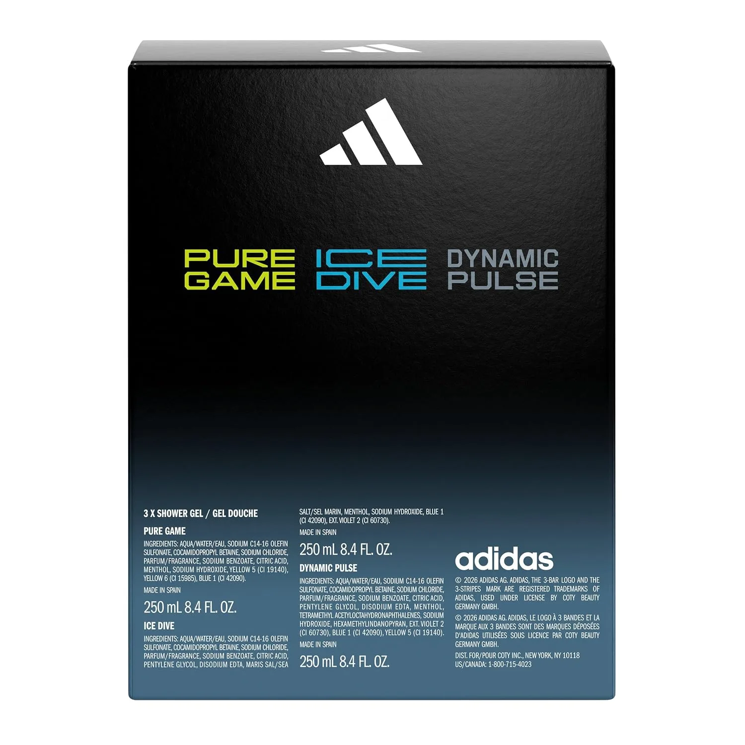adidas Giftset a Pure Game, Ice Dive and Dynamic Pulse Shower Gel (3x 250ml, 8.4fl oz.), for Him, Notes of Rosemary, Lemon, Peppermint, and Grapefruit, Men's Fragrance, Long Lasting, Sporty Fragrance