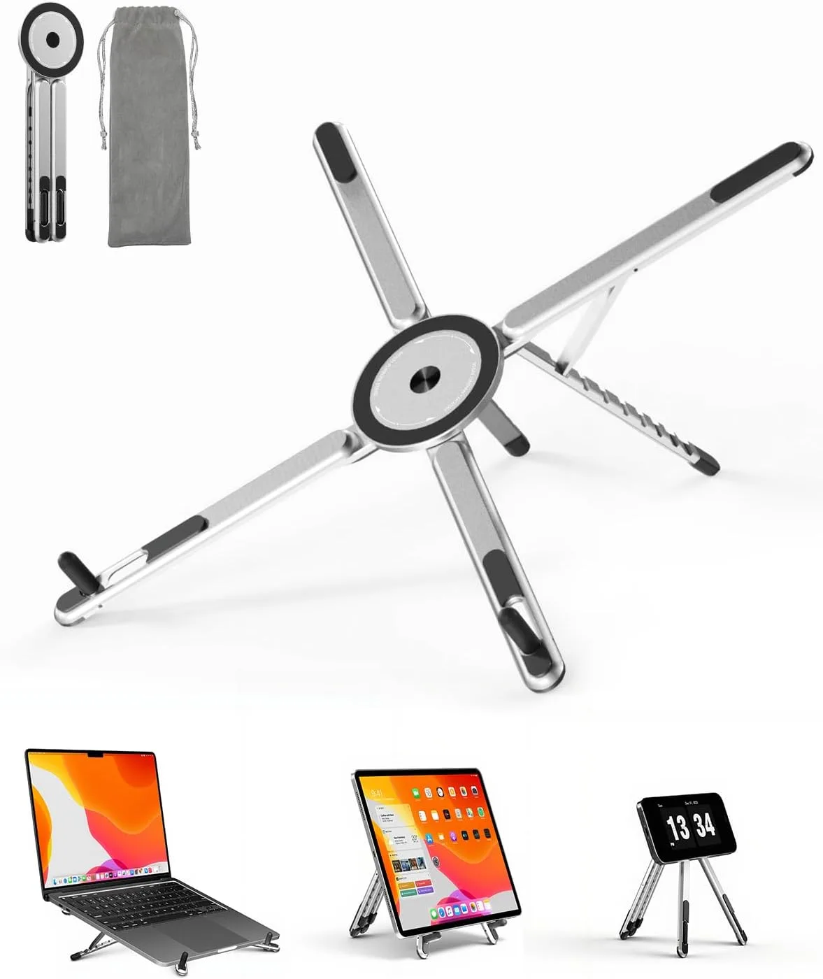 Base para laptop Viozon portátil ajustable con soporte magnético para teléfono y tablet aluminio plateado