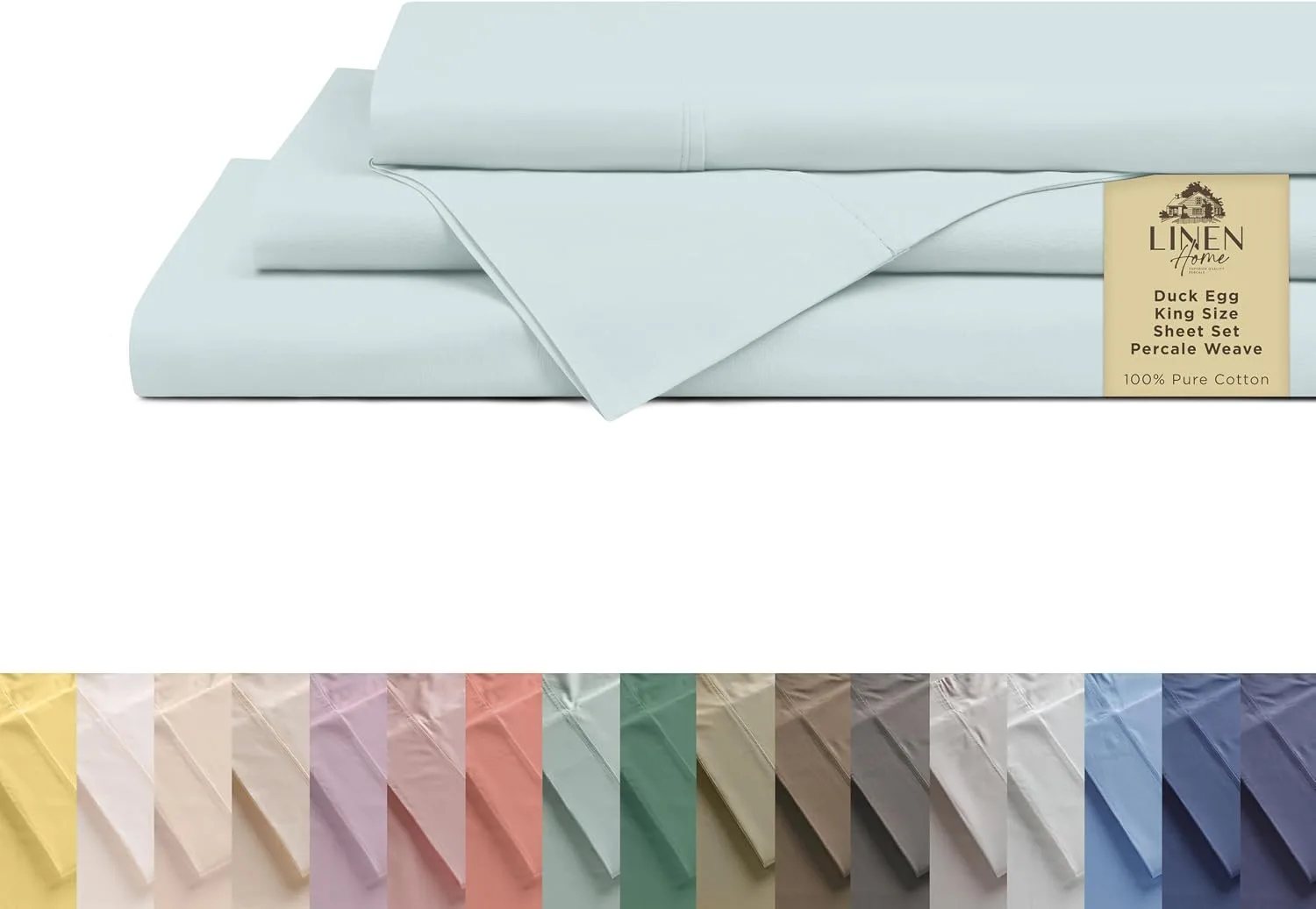 Linen Home 100% Cotton Percale King Sheets 4Pc Cooling Set - Blue Duck Egg
