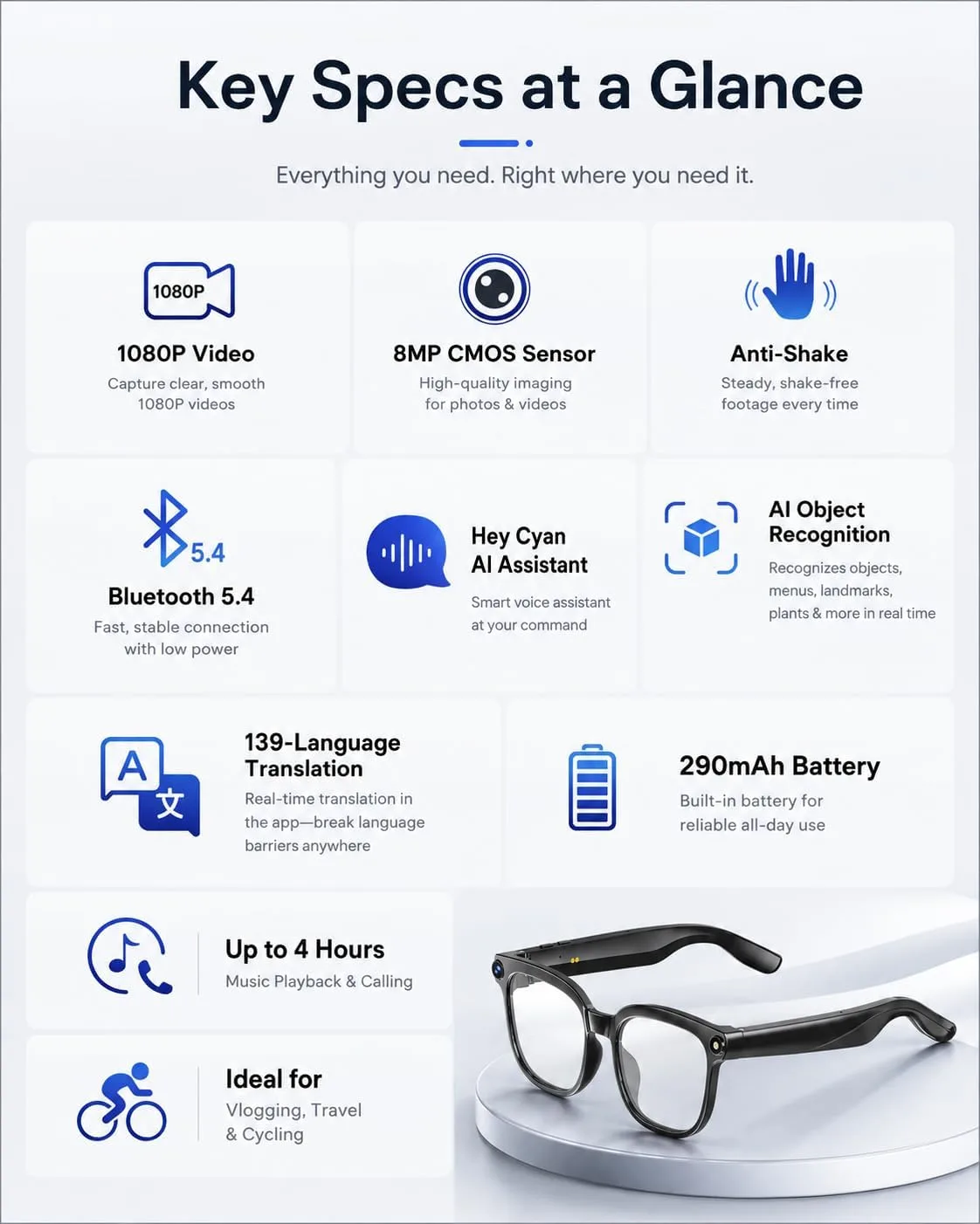 AI Smart Glasses with Camera, 8MP Camera Glasses,1080P Recording Glasses for Men Women,AI Chat,Hands-Free Music & Calls,Ideal for Business Meetings,Travel,&Daily Use