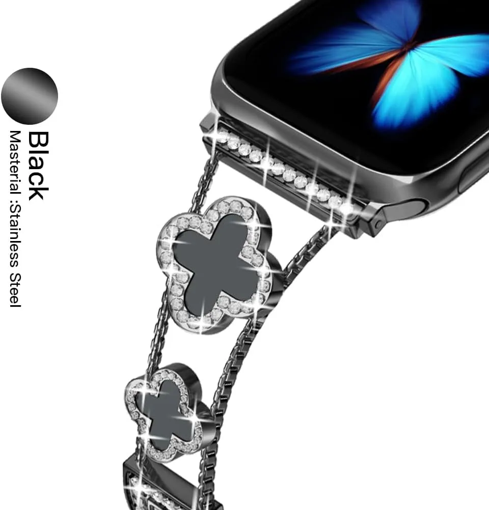 Musk-MSKR Diamond Metal Bands Add Sparkle to Your Watch For Apple Watch Series 12/11/10/9/8/7/6/5/4/3/2/SE/Ultra Clover Simple and Stylish Compatible with 38mm40mm41mm42mm44mm45mm 46mm49mm Women's Wear