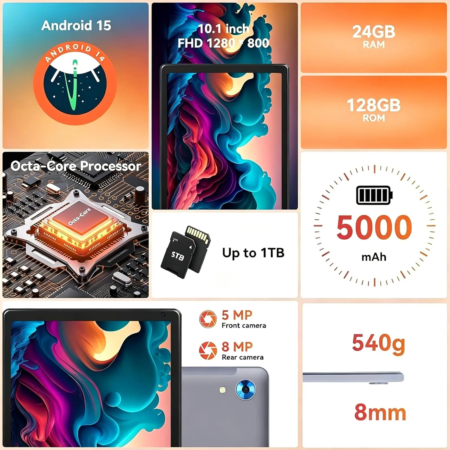 Android Tablet 10.1 inch with Octa-Core Processor, 24GBRAM+128GB Storage
