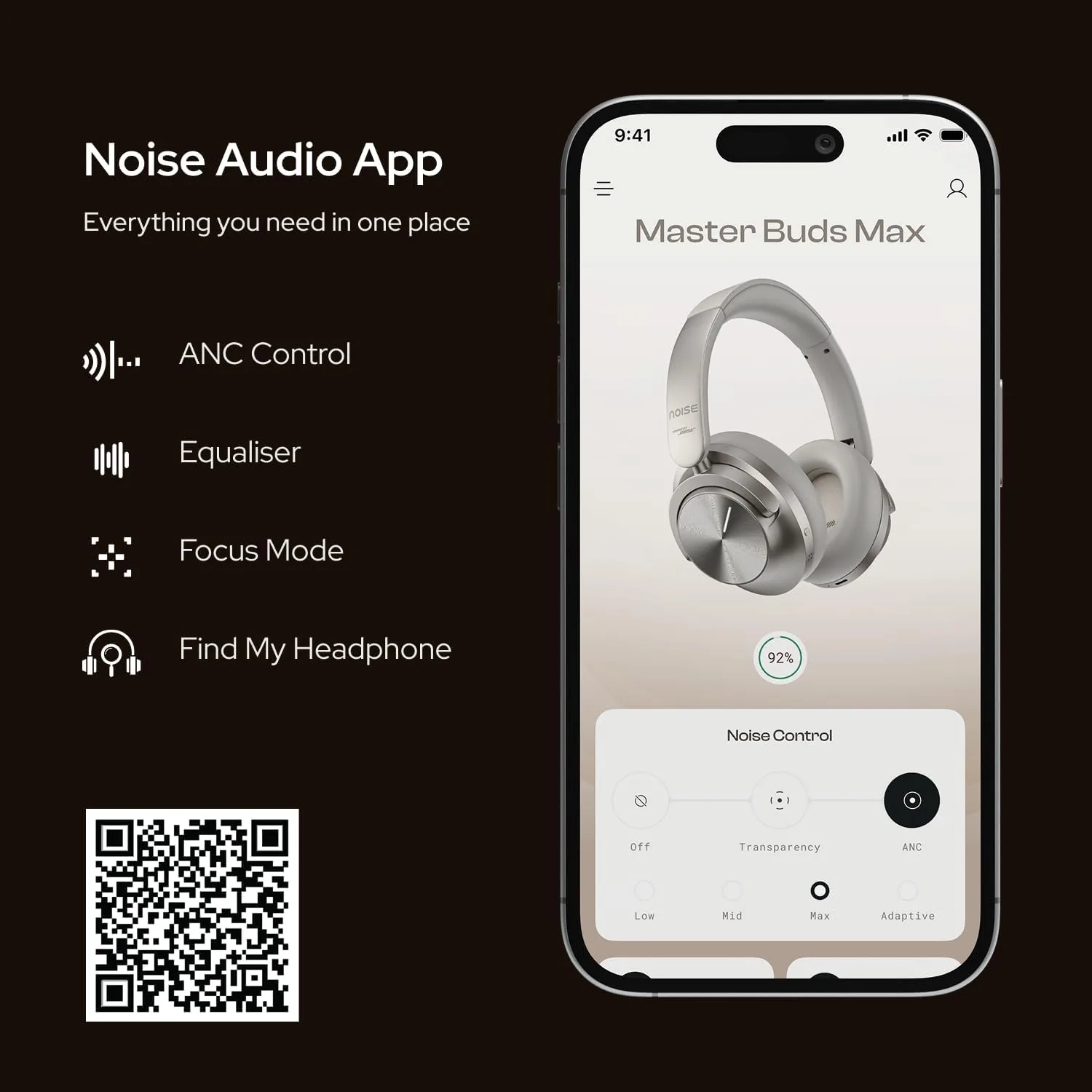 Noise Master Buds Max, Sound by Bose Wireless Over-Ear Headphones with Segment Leading Adaptive ANC, Dynamic EQ, LHDC 5.0, Immersive Spatial Audio,Upto 60H Playtime, App Support (Silver)