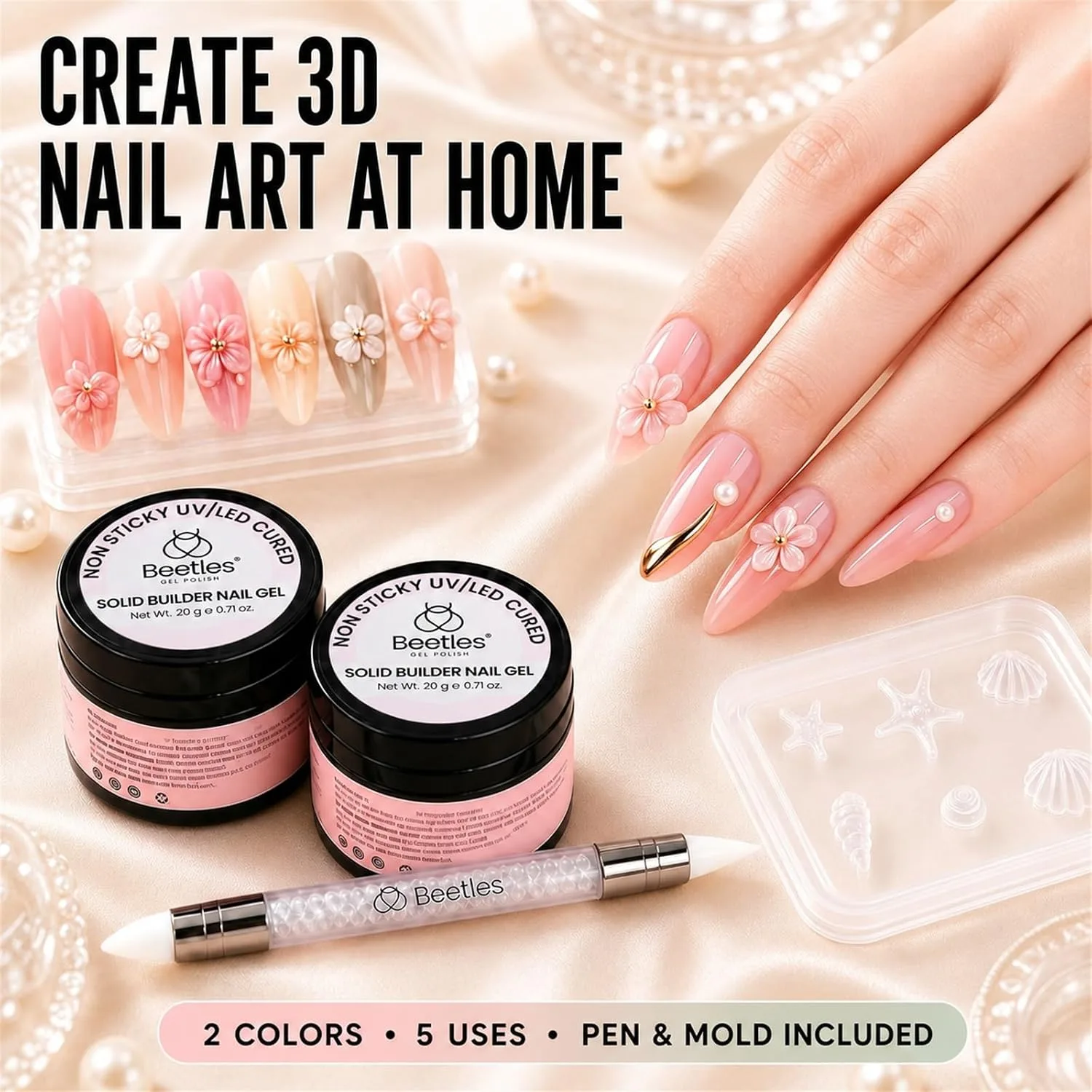 Beetles 3D Gel Nail Art, 2 Pcs Clear & White with Sculpting Pen and 3D Mold