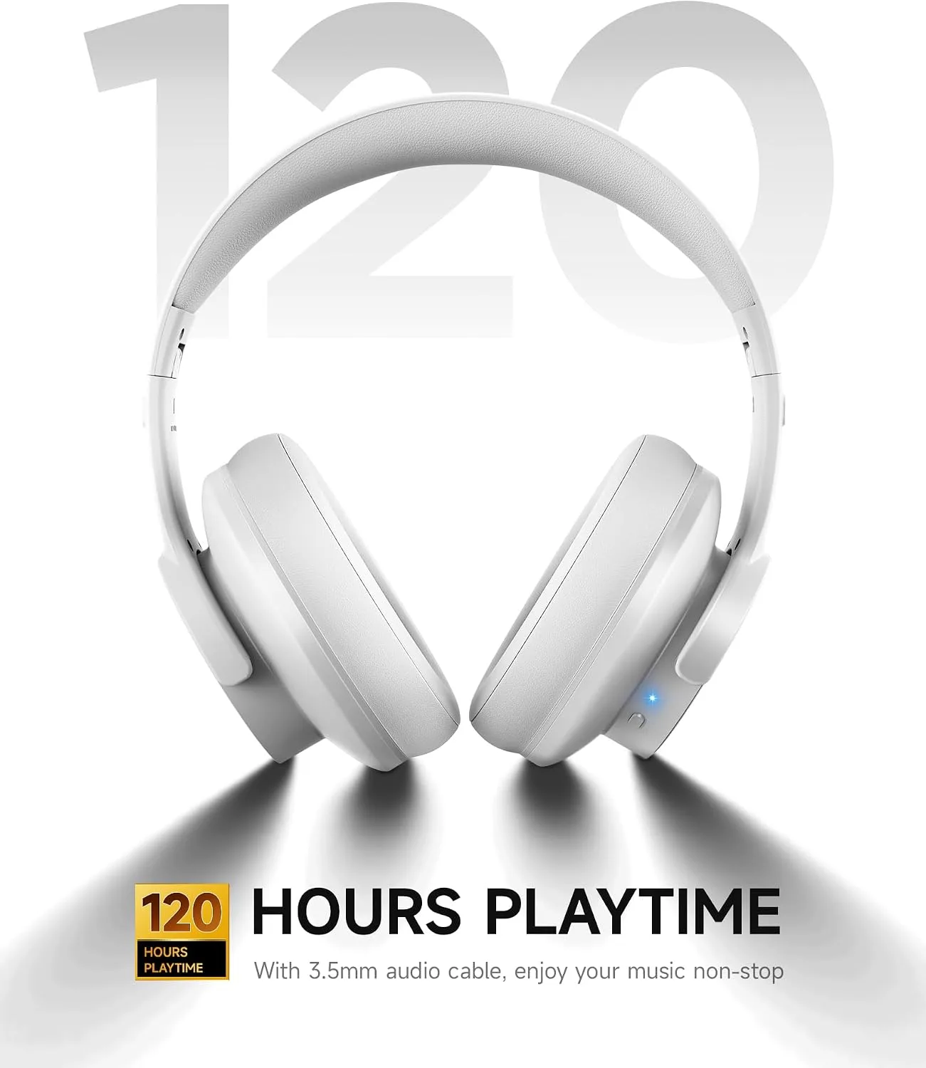 Picun B8 Wireless Bluetooth Headphones, 120H Playtime, 3EQ Modes, White