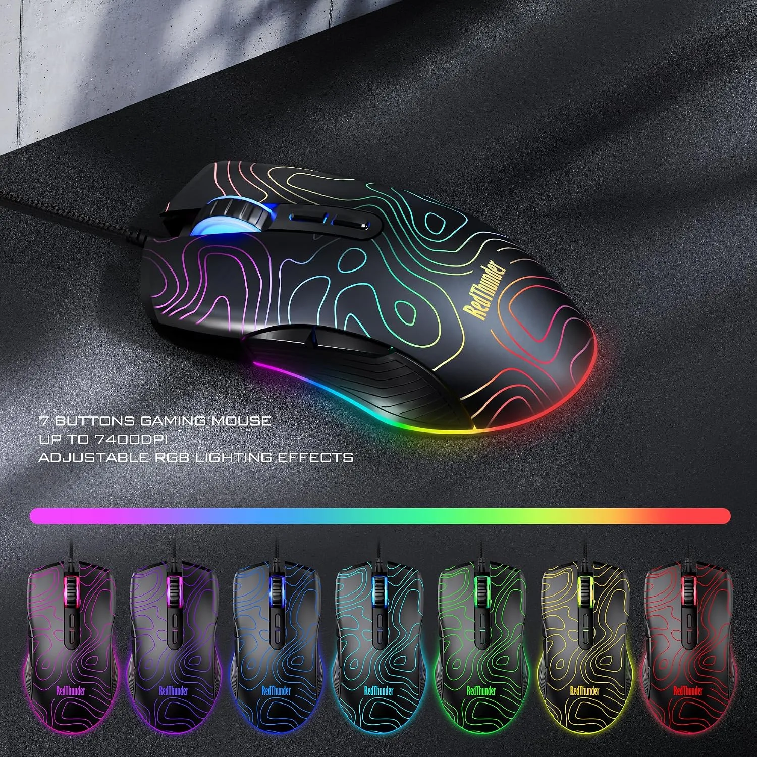 RedThunder K10 Wired Gaming Keyboard & Mouse Combo with Wrist Rest, Adjustable RGB Mechanical Feel Anti-ghosting Keyboard + 7D 7200 DPI Mouse+Soft Leather Wrist Rest for PC Gamers (Black Lines)