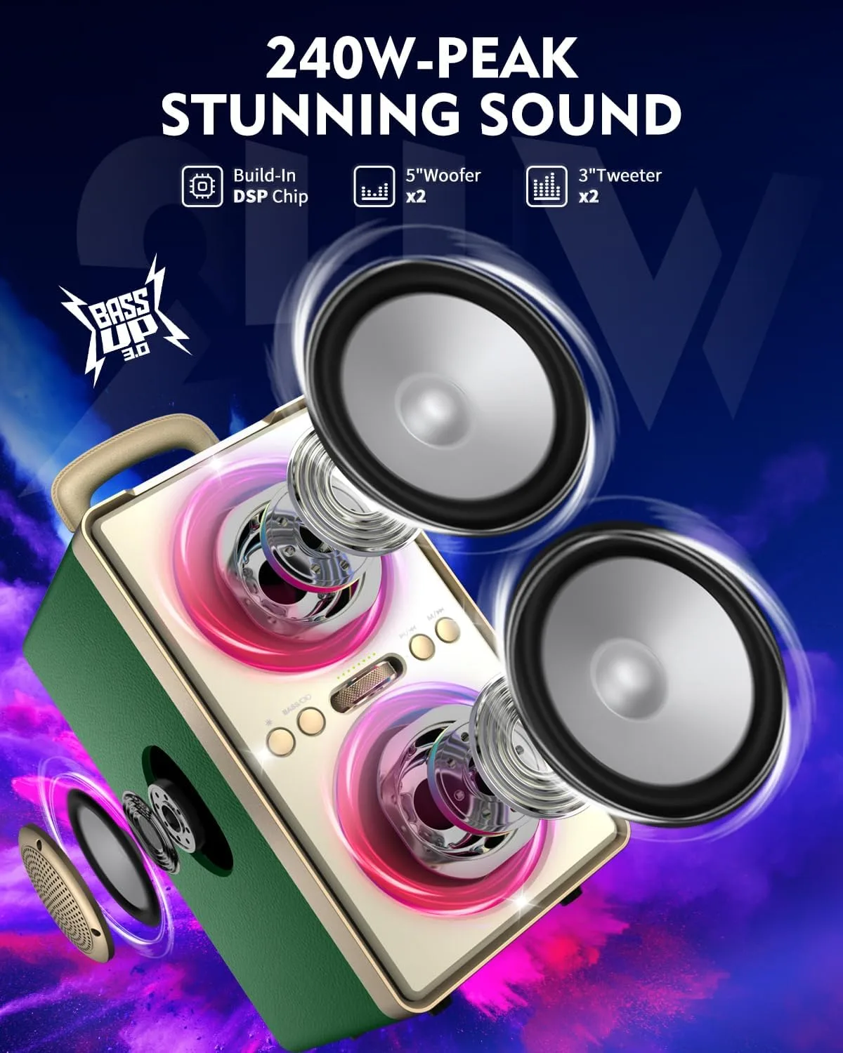 YIER Bluetooth Speaker, 240W Peak Loud Party Speaker with Deep Bass,Green