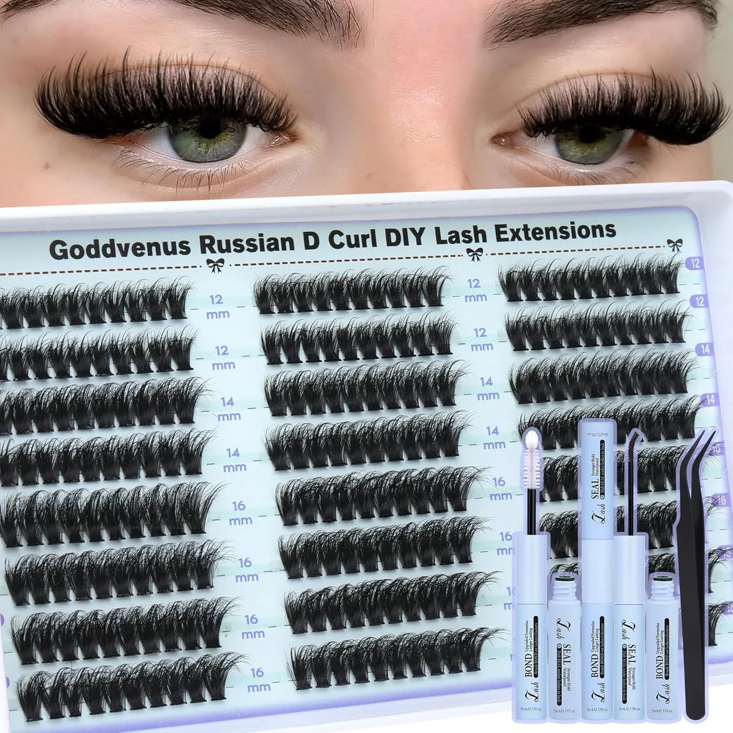 Kit de pestañas en racimos Goddvenus Wispy D Curl 12mm 14mm 16mm con adhesivo