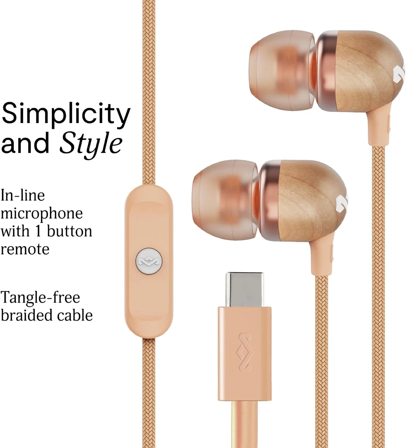 House of Marley Smile Jamaica USB-C Wired Earbuds with Microphone, in-Ear Headphones, 9.2mm Driver, Tangle-Resistant Cable, Plug-and-Play Earphones for Smartphones, Tablets & Laptops (Copper)