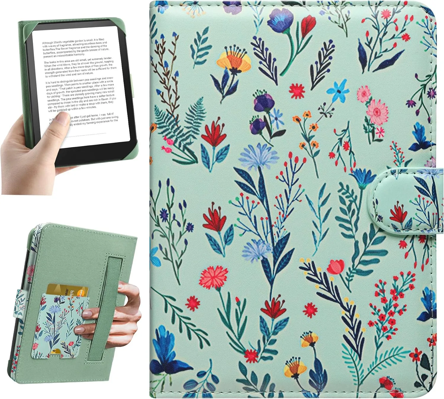 HoYiXi Universal Case for 6-inch Kindle eReader Compatible with Kobo/Voyaga/Pocketbook/Tolino E-Book Reader,6'' eReader Protective Cover with Built-in Card Slot,Flower